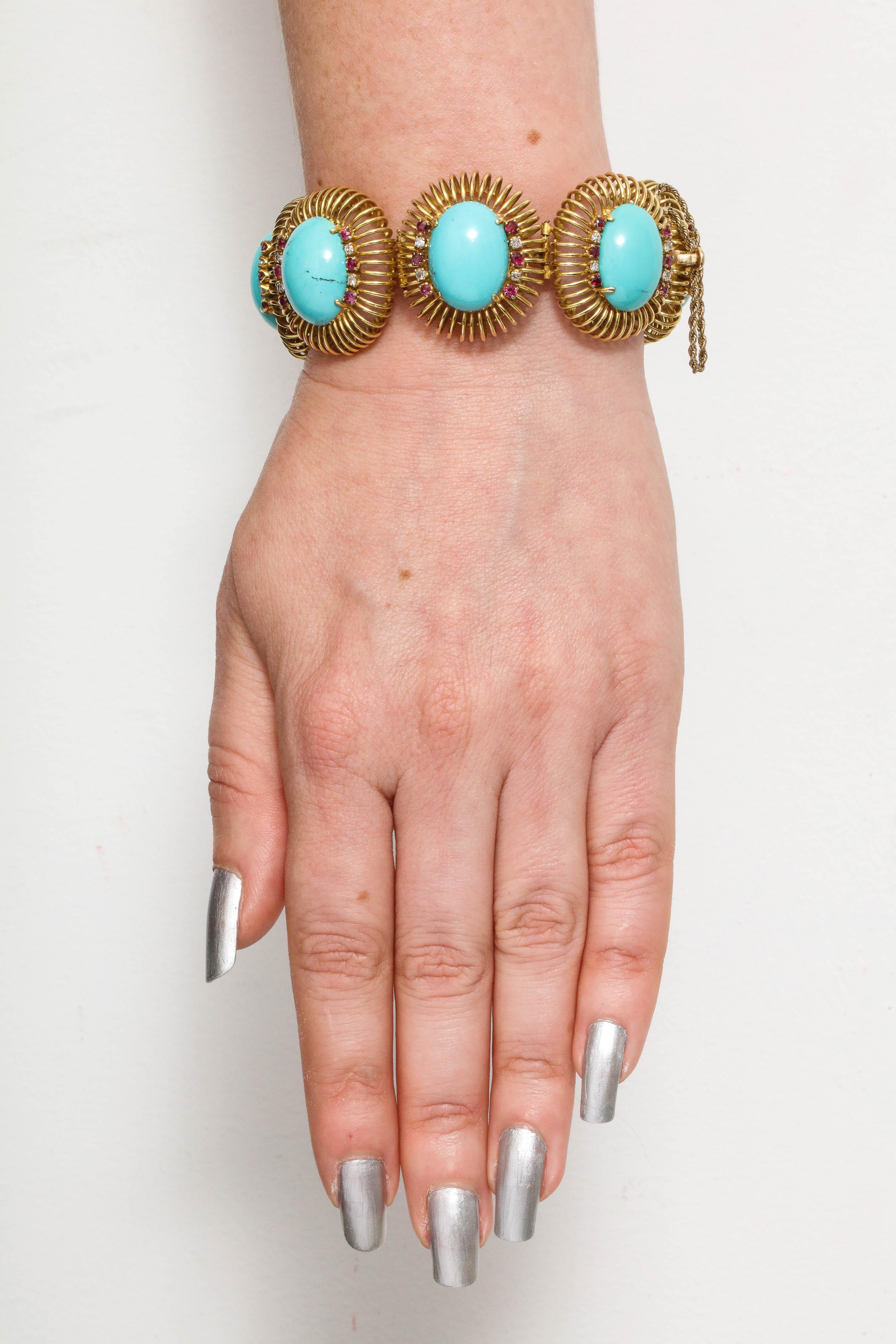 1960s Large Turquoise with Ruby and Diamond Accents Gold Link Bracelet 9