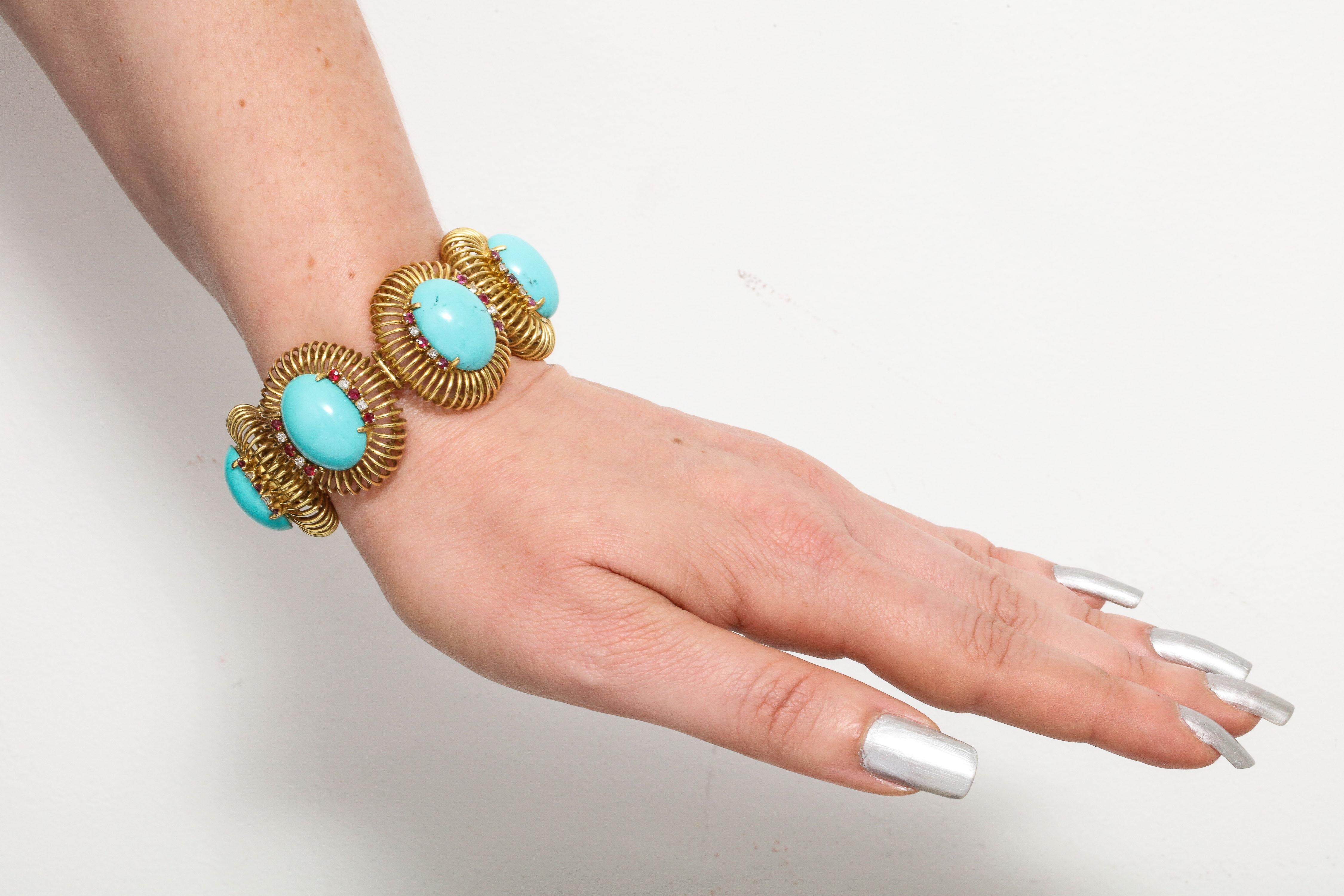 1960s Large Turquoise with Ruby and Diamond Accents Gold Link Bracelet 10