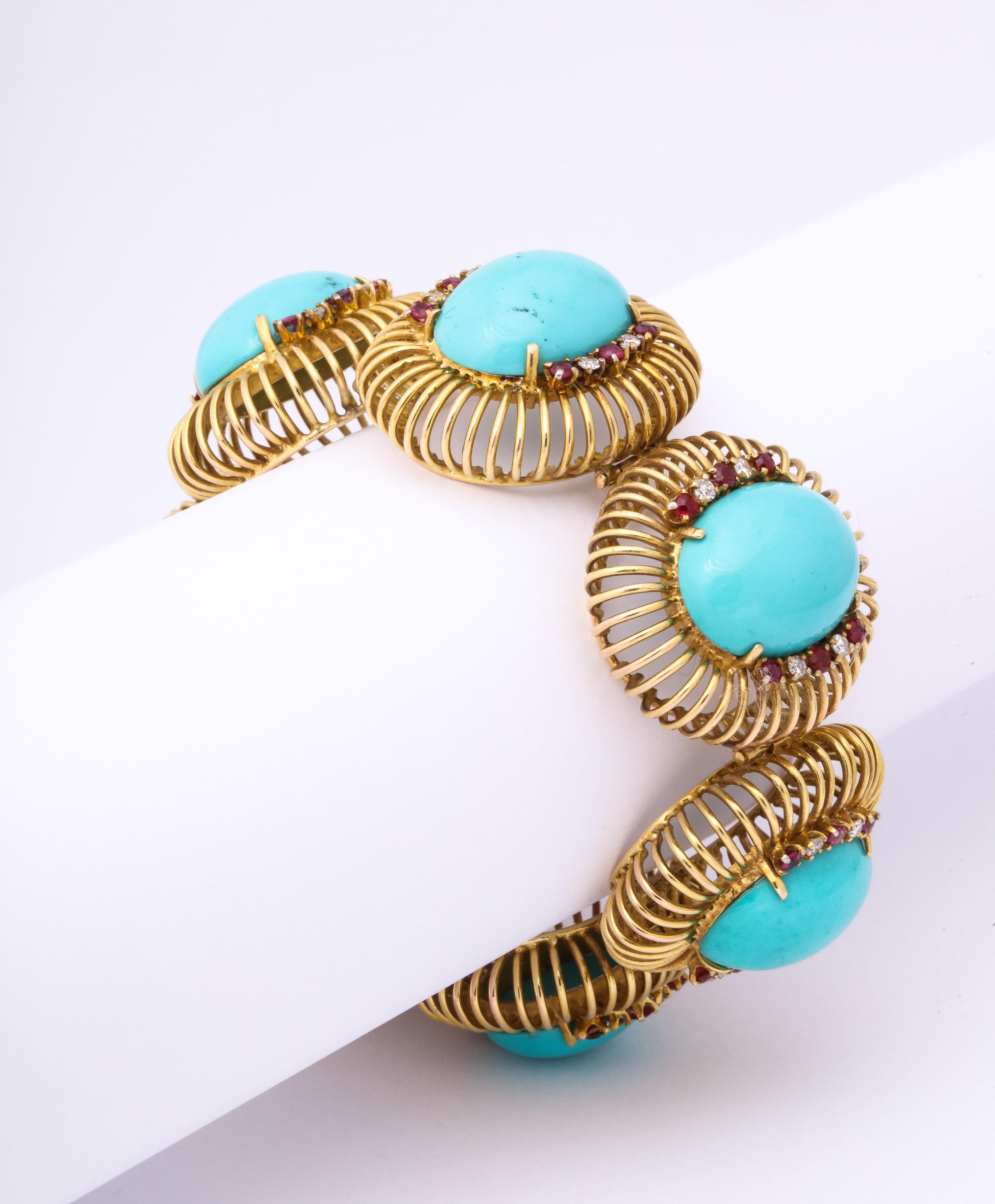 1960s Large Turquoise with Ruby and Diamond Accents Gold Link Bracelet In Good Condition In New York, NY