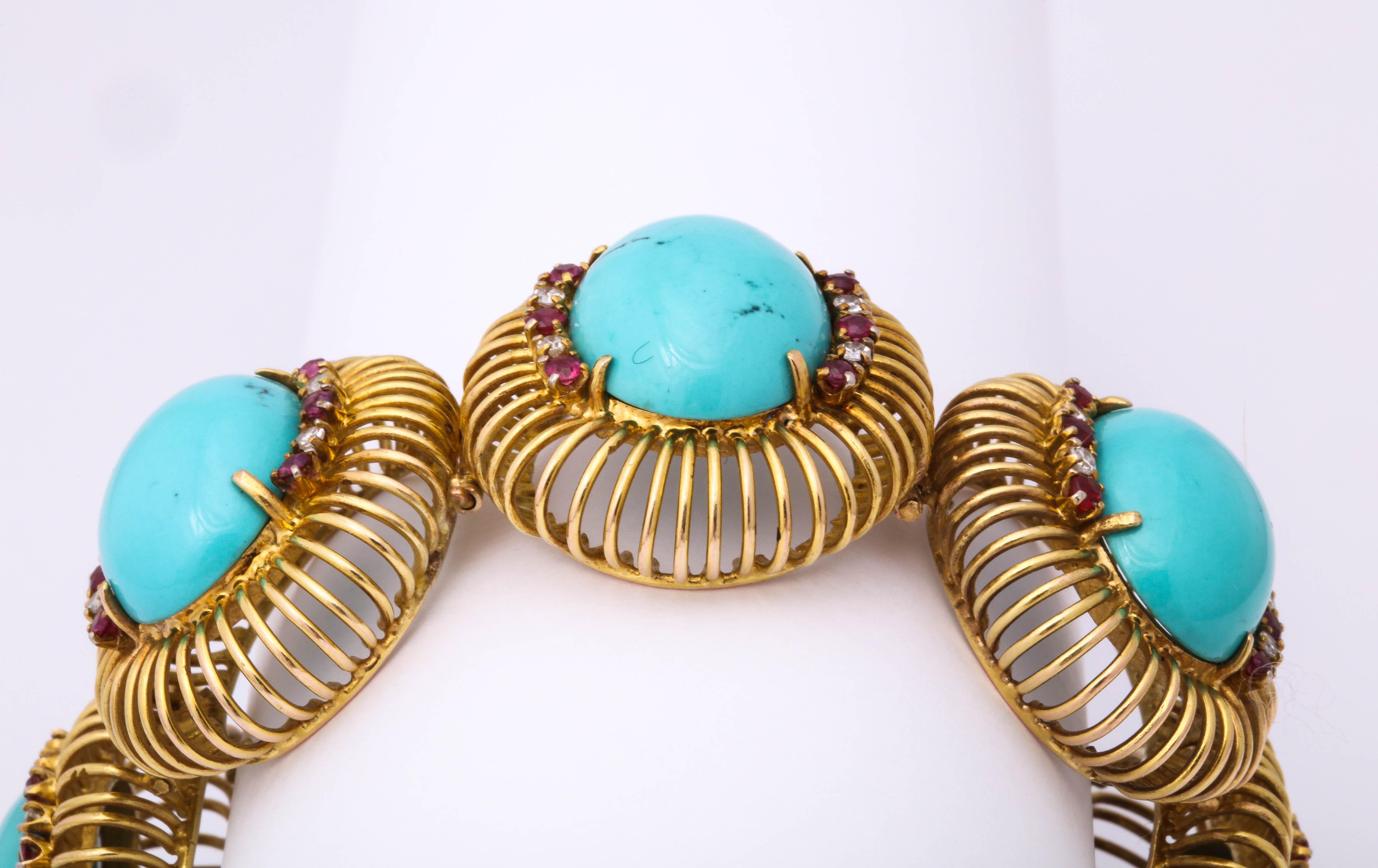 Women's 1960s Large Turquoise with Ruby and Diamond Accents Gold Link Bracelet