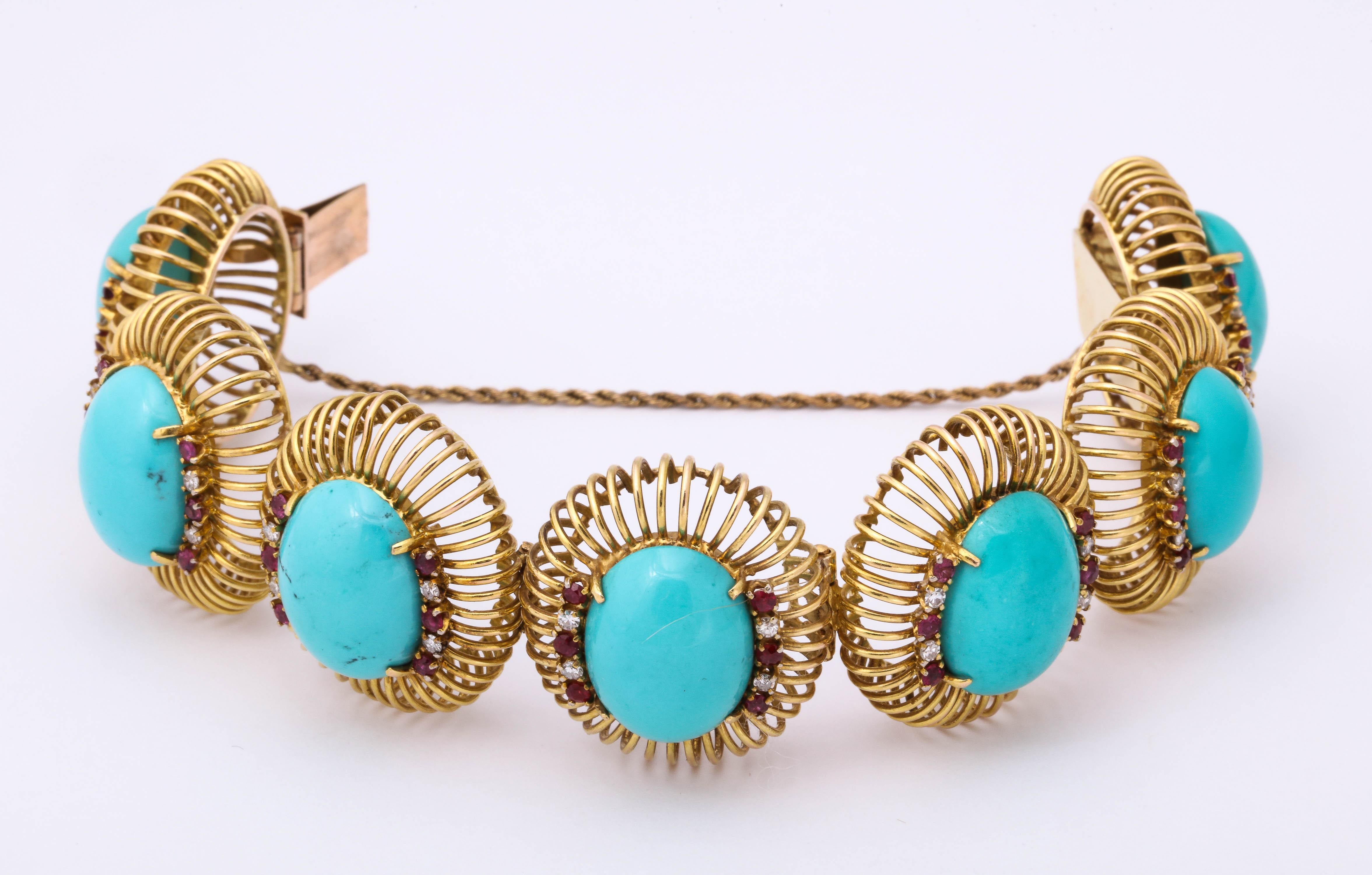 1960s Large Turquoise with Ruby and Diamond Accents Gold Link Bracelet 5