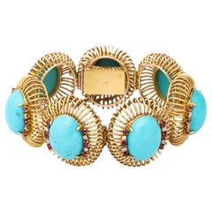 1960s Large Turquoise with Ruby and Diamond Accents Gold Link Bracelet