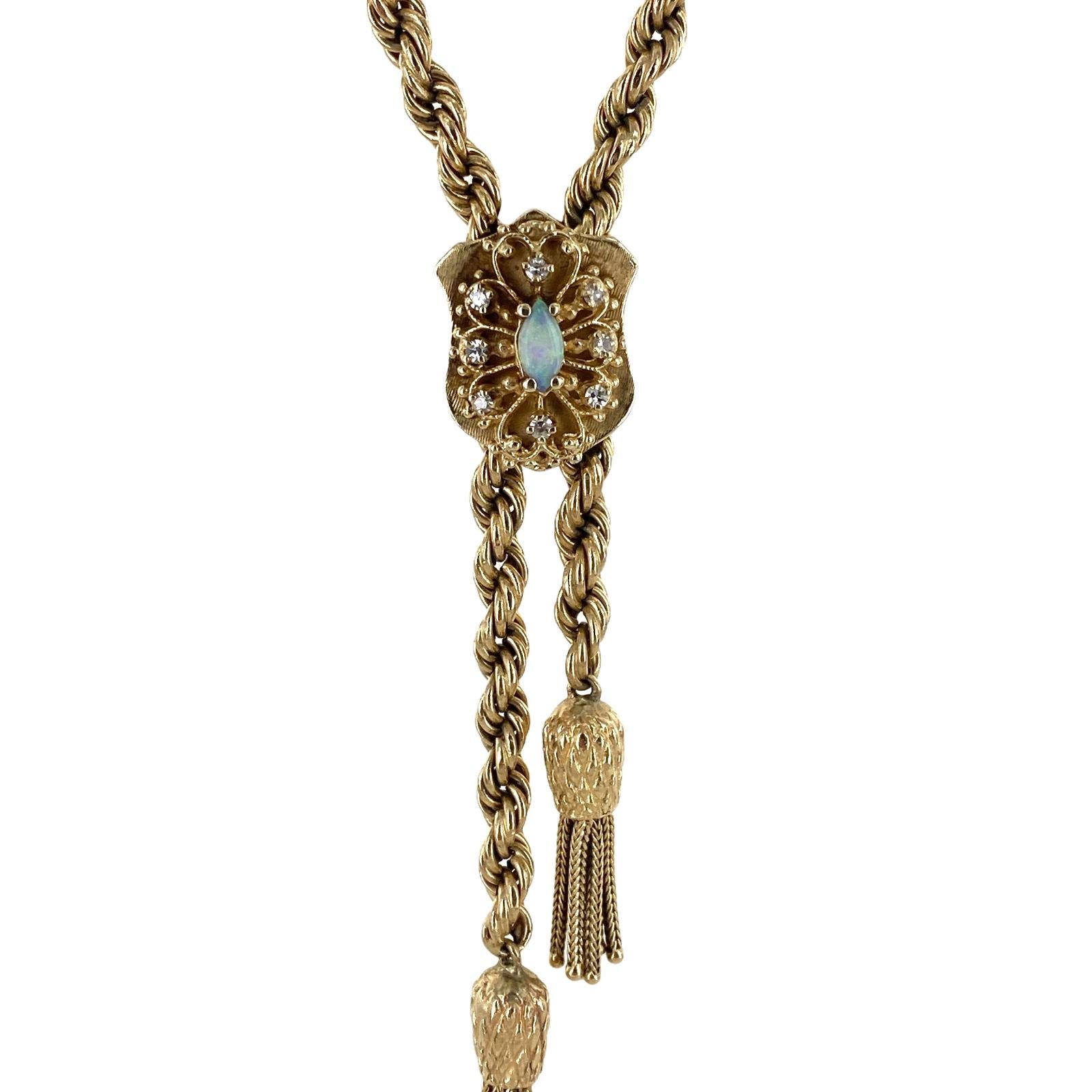 Single Cut 1960's Lariat Diamond Opal 14 Karat Yellow Gold Adjustable Rope Necklace