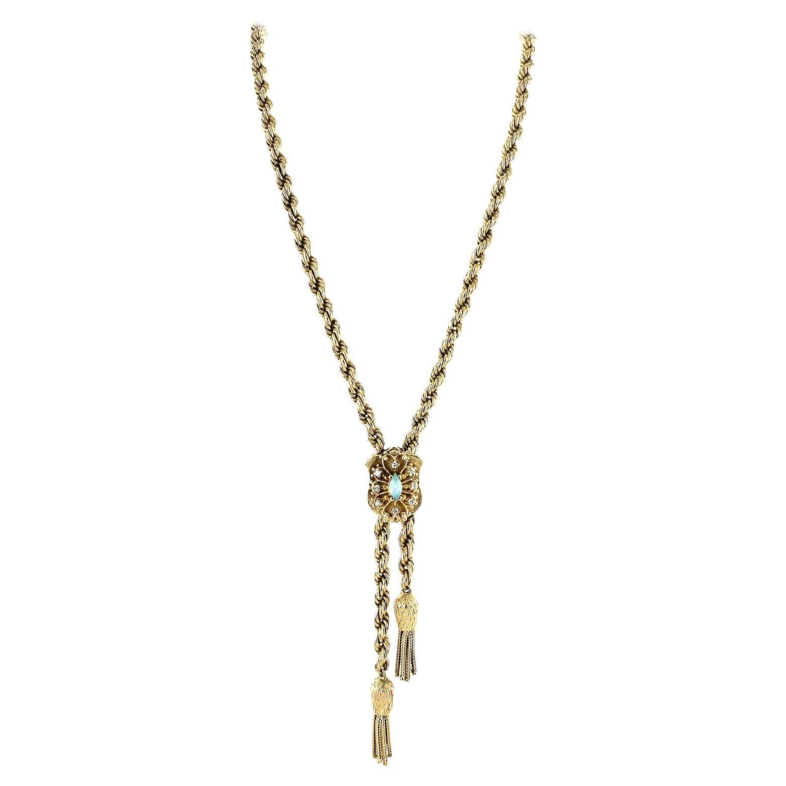 1960's Lariat Diamond Opal 14 Karat Yellow Gold Adjustable Rope Necklace