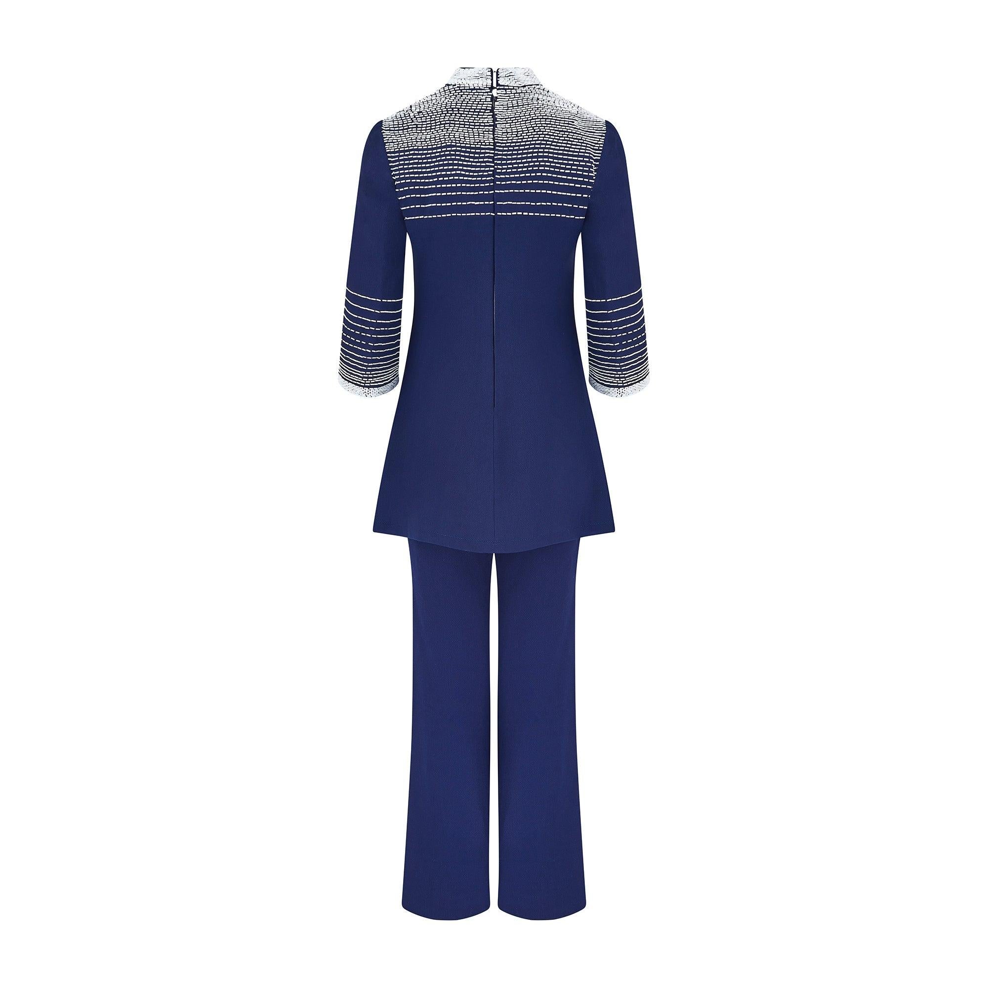 Purple 1960s Larry Ross Navy and White Wool Beaded Tunic Trouser Suit For Sale