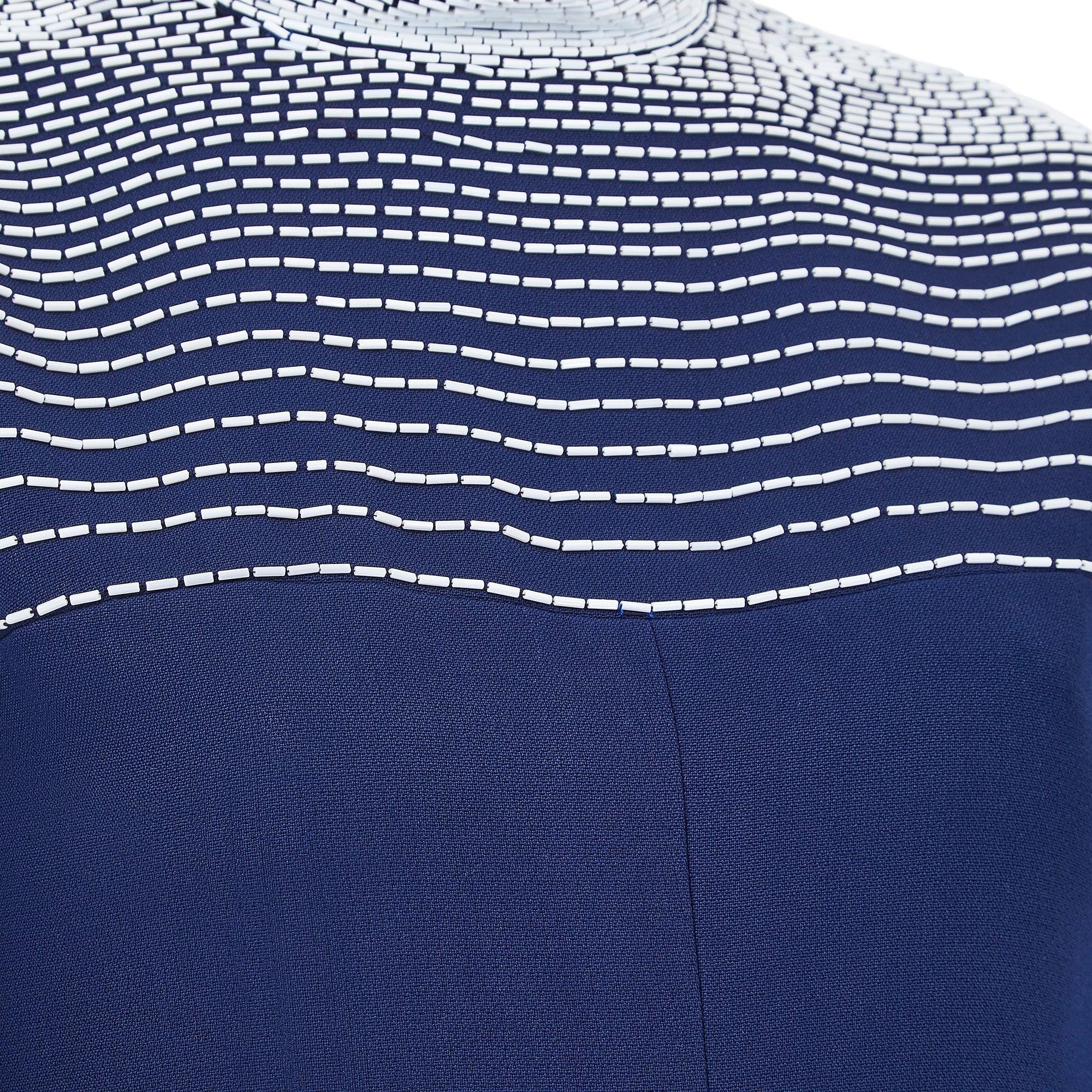 1960s Larry Ross Navy and White Wool Beaded Tunic Trouser Suit For Sale 1