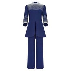 1960s Larry Ross Navy and White Wool Beaded Tunic Trouser Suit
