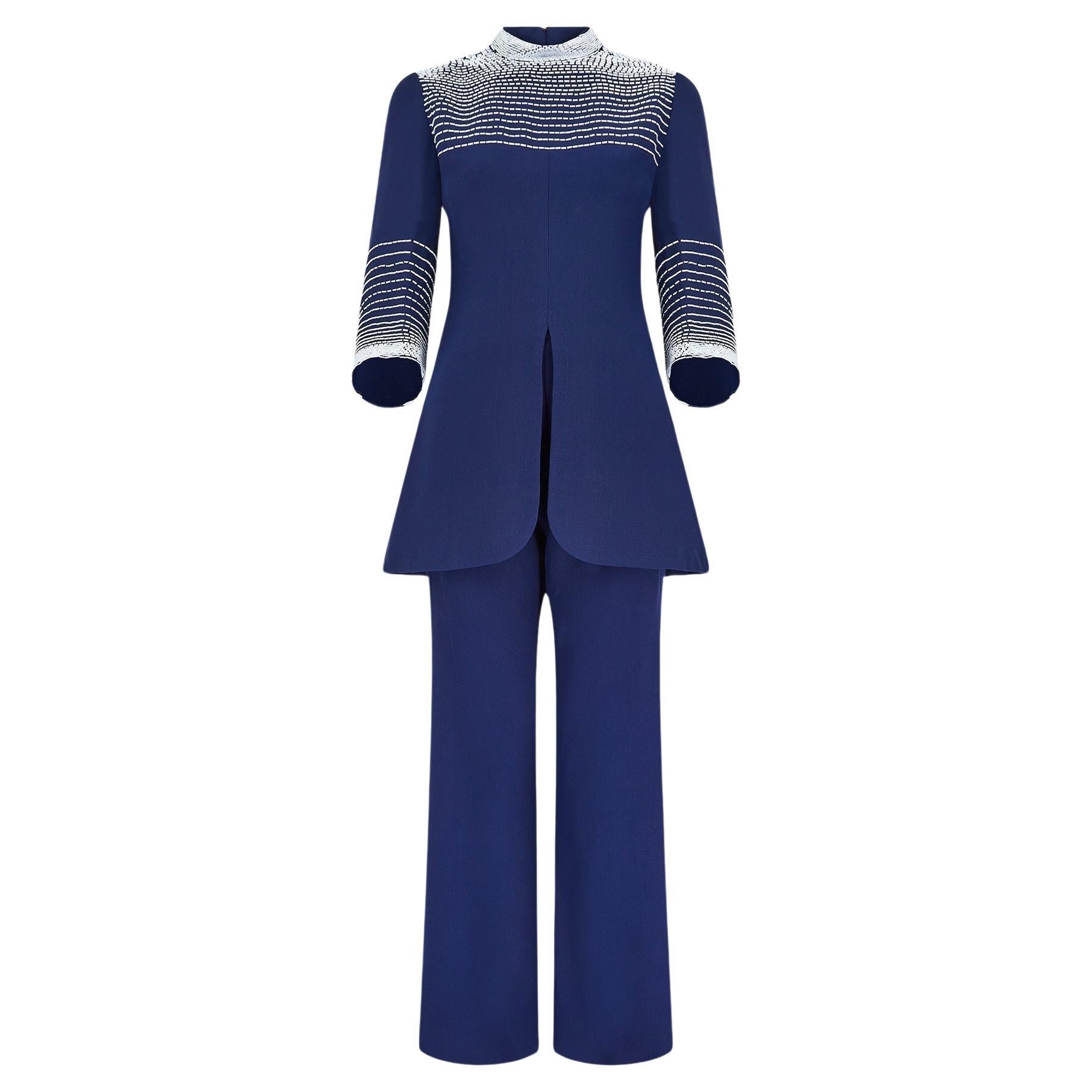 1960s Larry Ross Navy and White Wool Beaded Tunic Trouser Suit For Sale