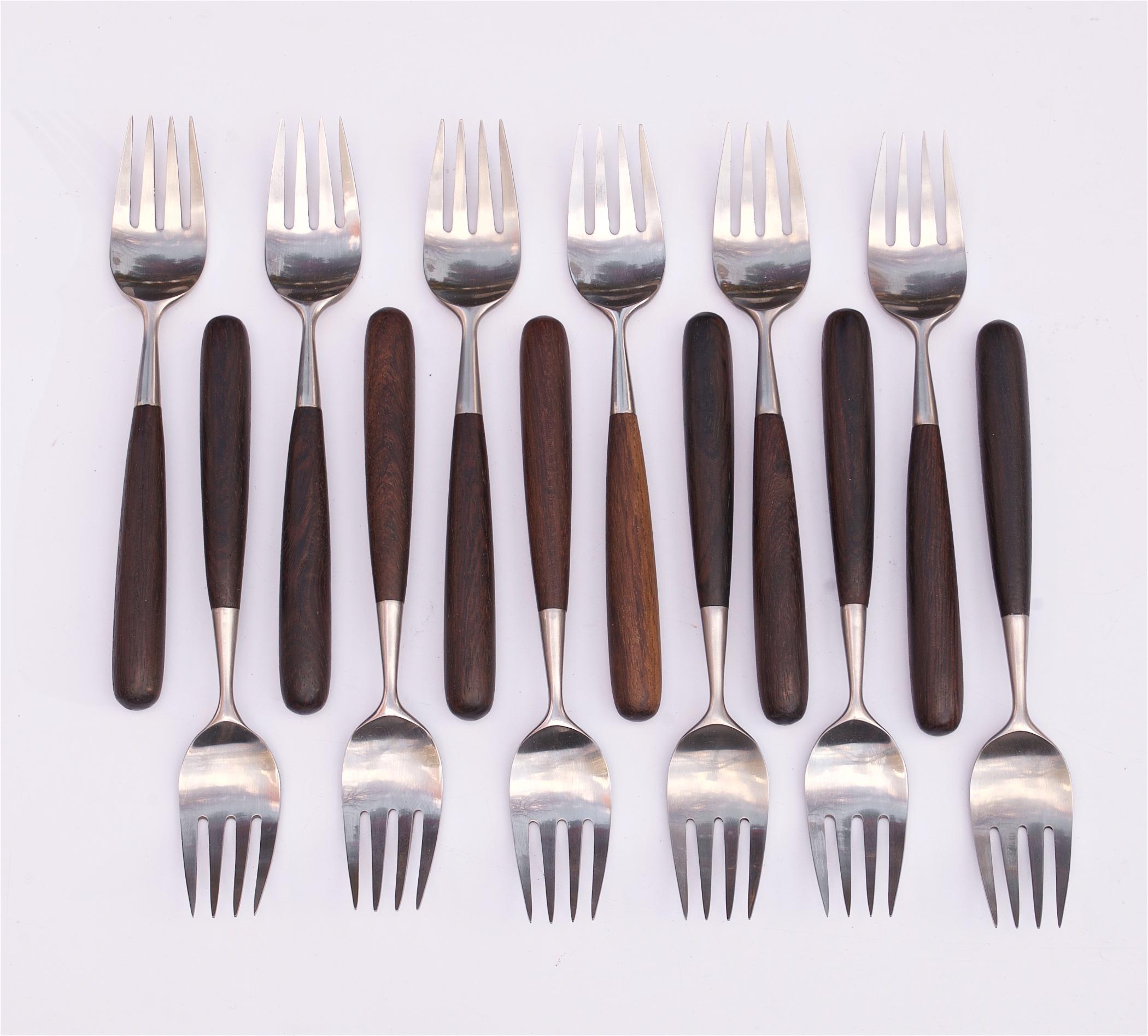 1960s Lauffer Rosewood Flatware 12 Service Scandinavian Danish Modern, 67 Pcs 1