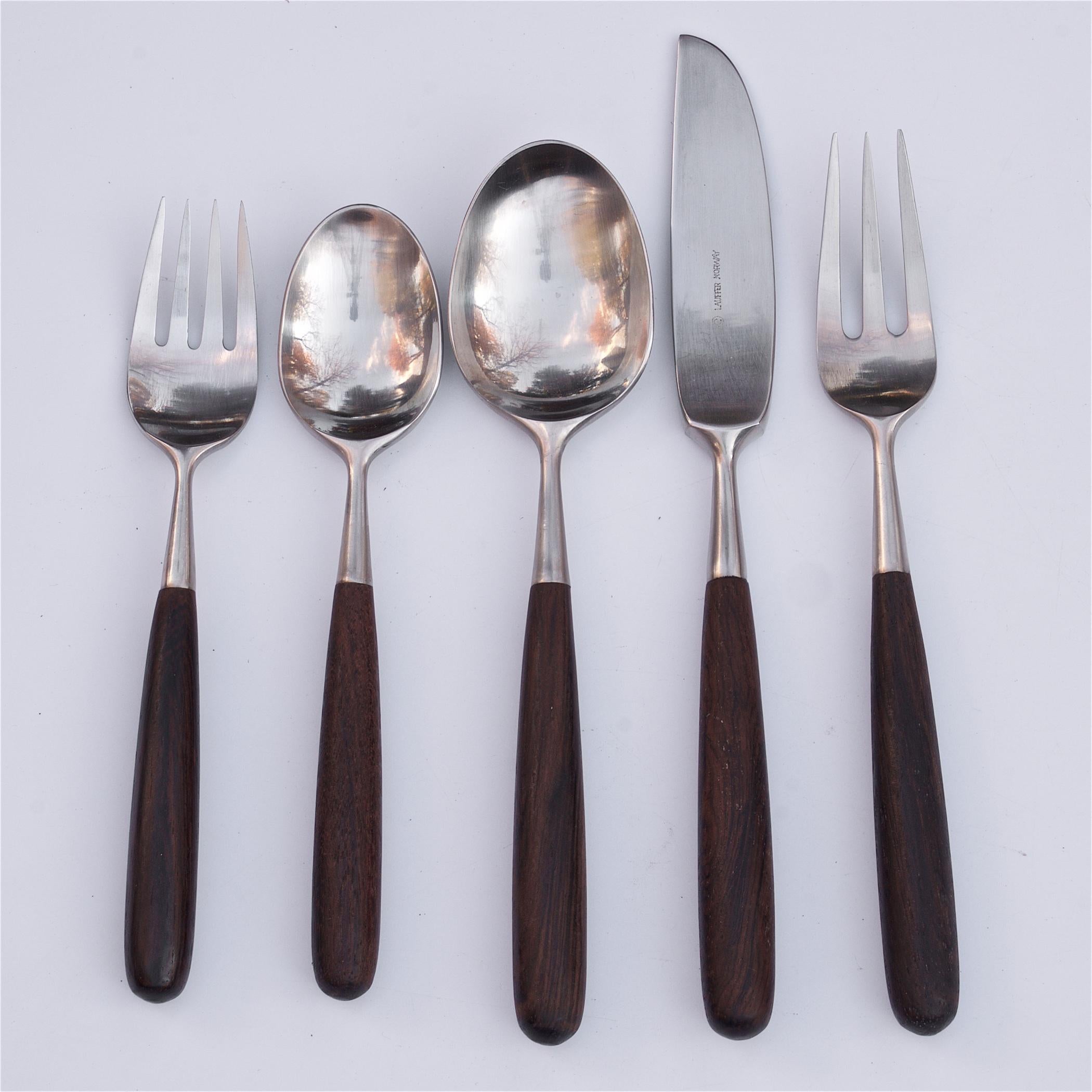 Norwegian 1960s Lauffer Rosewood Flatware 12 Service Scandinavian Danish Modern, 67 Pcs