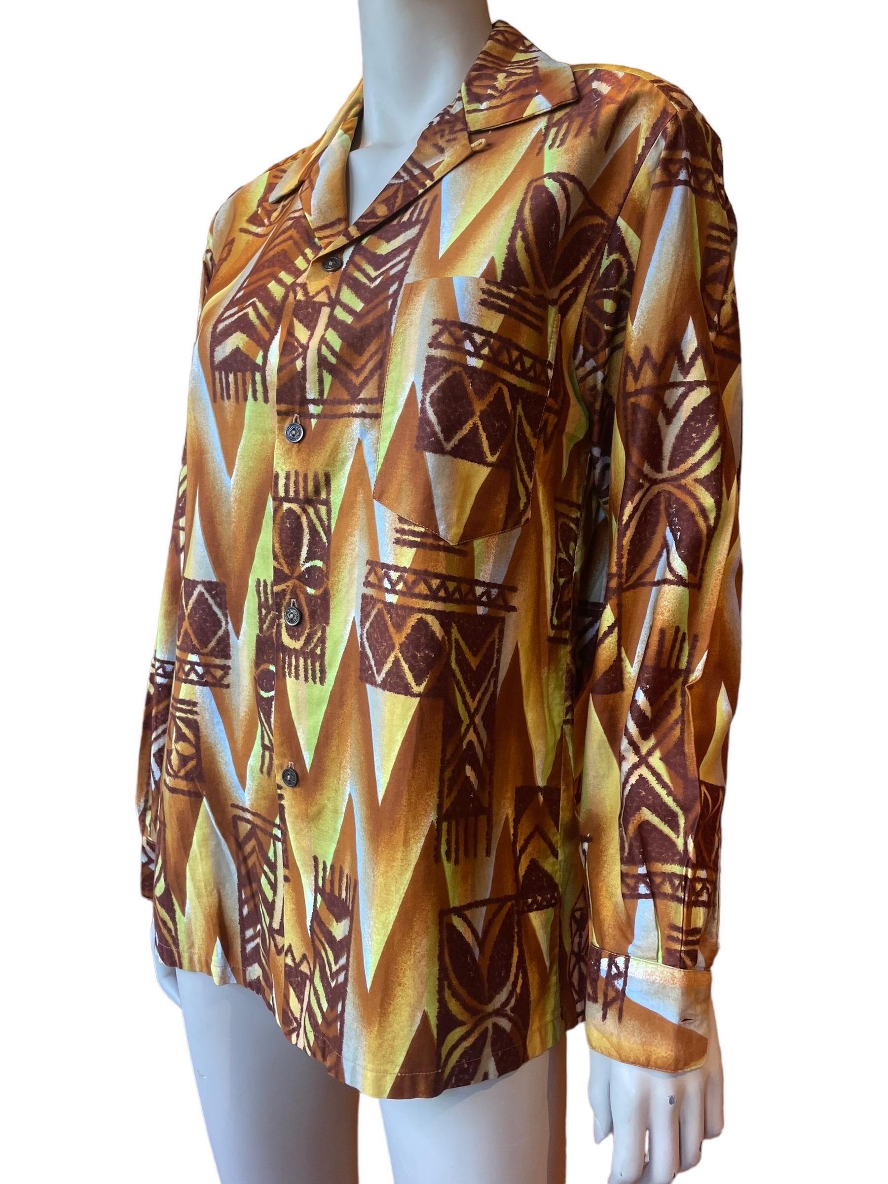 Women's or Men's 1960s Lauhala Gold-Tone Tiki Print Hawaiian Long Sleeve Shirt  For Sale