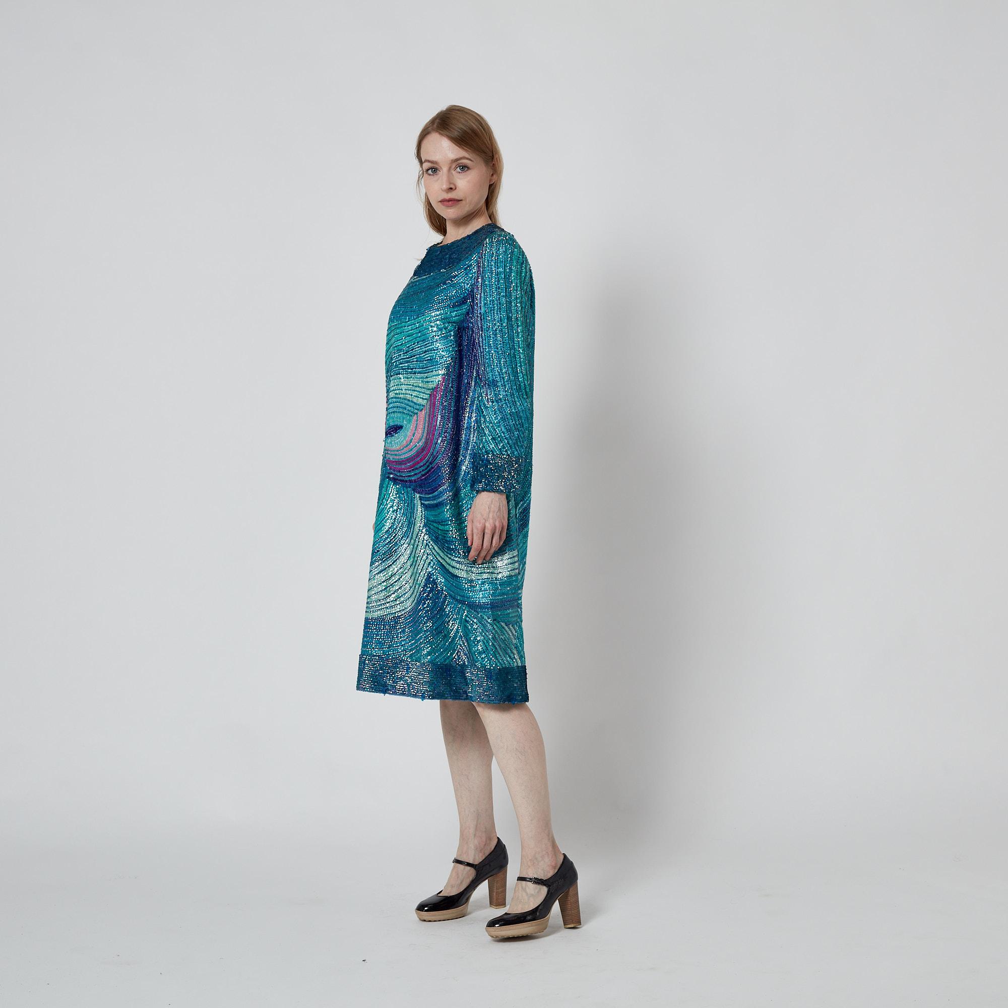 1960s Lauretta Alta Moda Blue and Purple Sequinned Dress For Sale 5