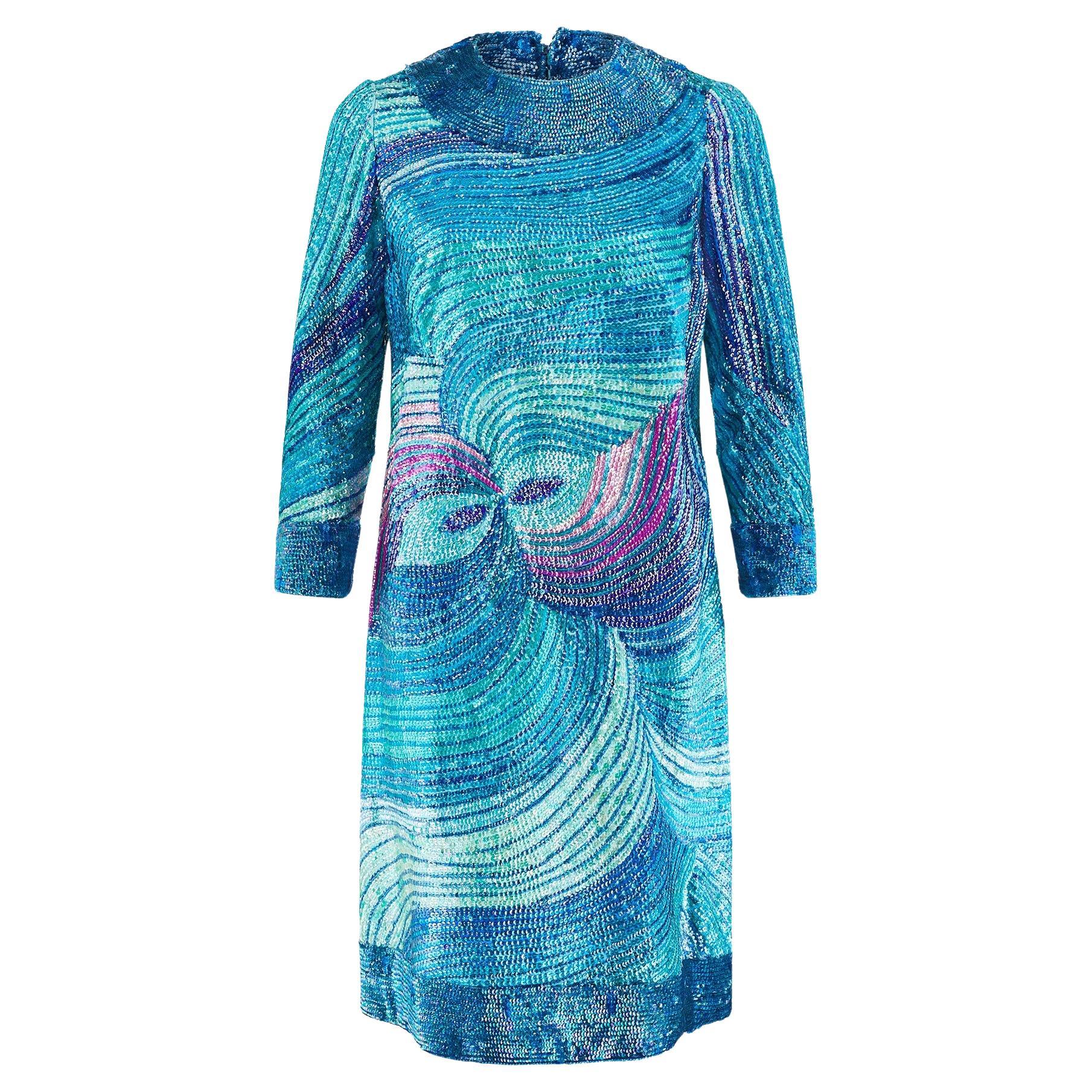 1960s Lauretta Alta Moda Blue and Purple Sequinned Dress For Sale