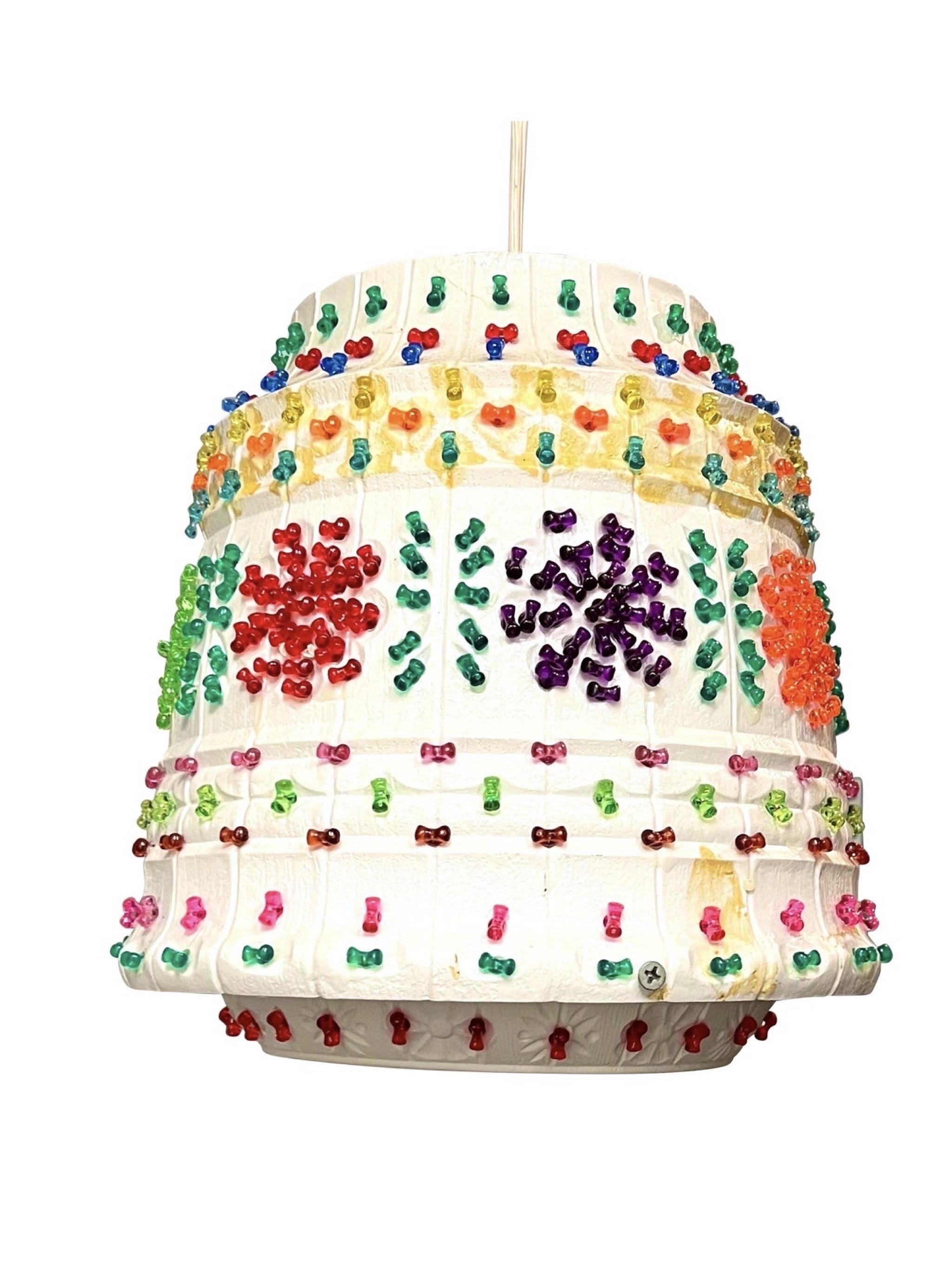 Vintage Lawnware hanging light, 10” shade, #2310. Funky retro RV Lawnware tiki patio Swag lamp. Real KITSCHY cool planter pot Swag lamp, sometimes known as a Lite Brite Lamp. 
Beads make up this hippie style lamp. The lamp works. Great vintage
