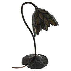 1960s Leaded Stained Glass Desk Lamp on a Lily Pad Metal Base