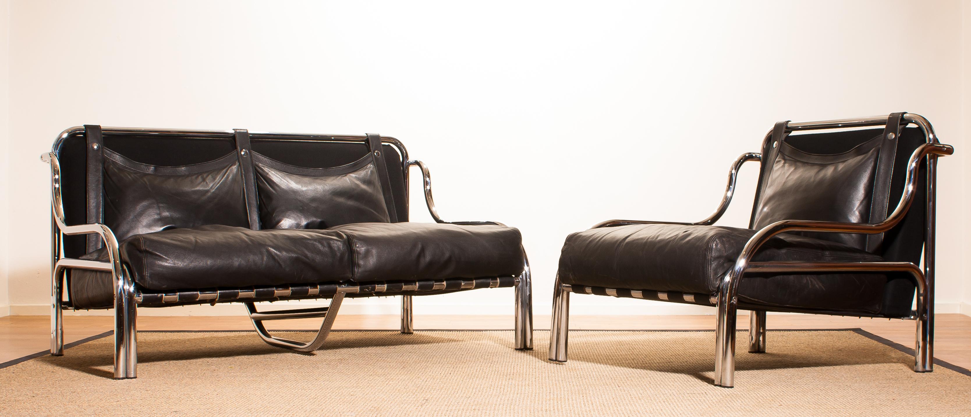Mid-20th Century 1960s, Leather and Chrome Lounge Sofa and Chair by Gae Aulenti for Poltronova