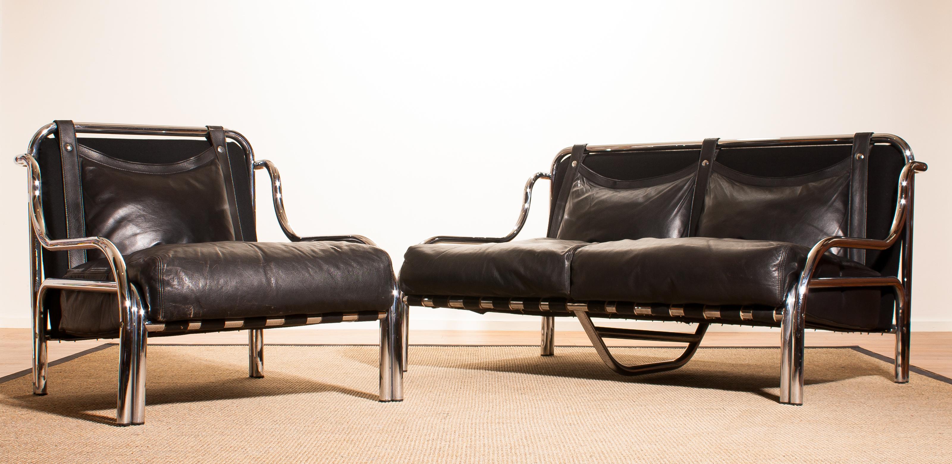1960s, Leather and Chrome Lounge Sofa and Chair by Gae Aulenti for Poltronova 1