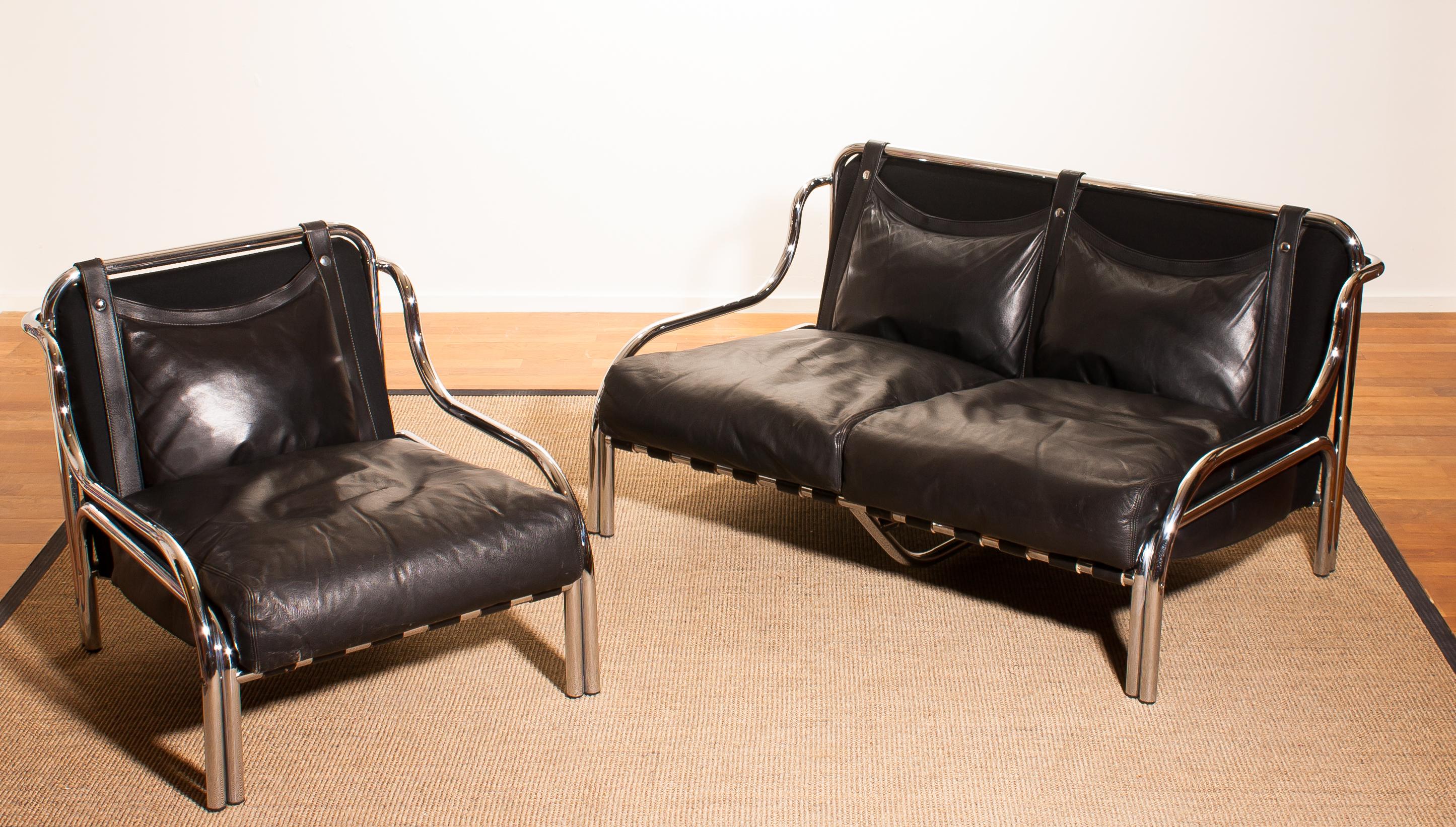 1960s, Leather and Chrome Lounge Sofa and Chair by Gae Aulenti for Poltronova 2