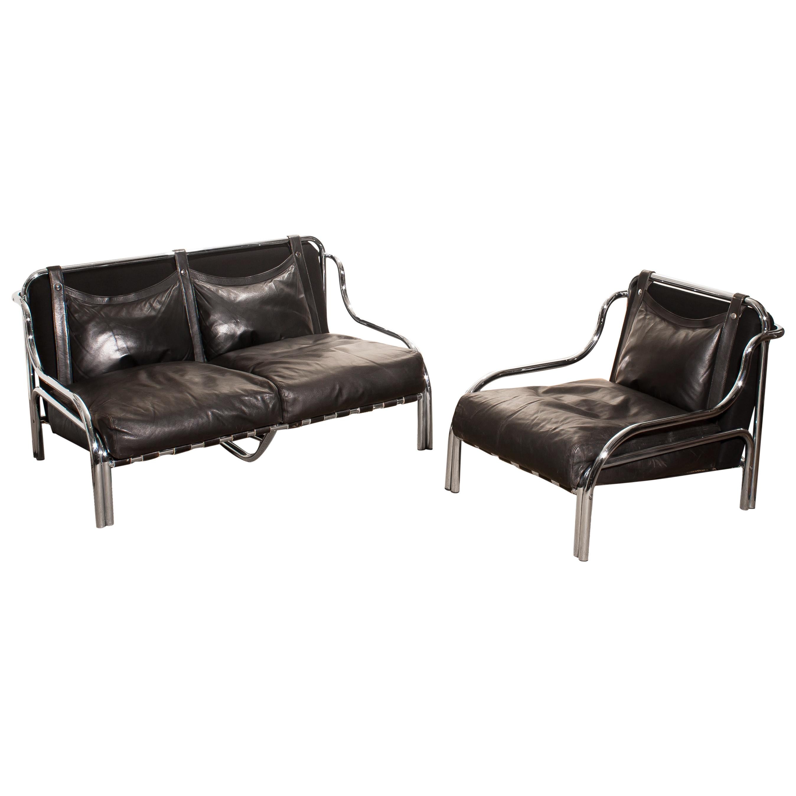 1960s, Leather and Chrome Lounge Sofa and Chair by Gae Aulenti for Poltronova