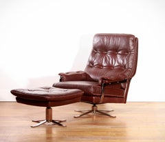1960s, Leather and Chrome Swivel Lounge Chair and Ottoman by Arne Norell