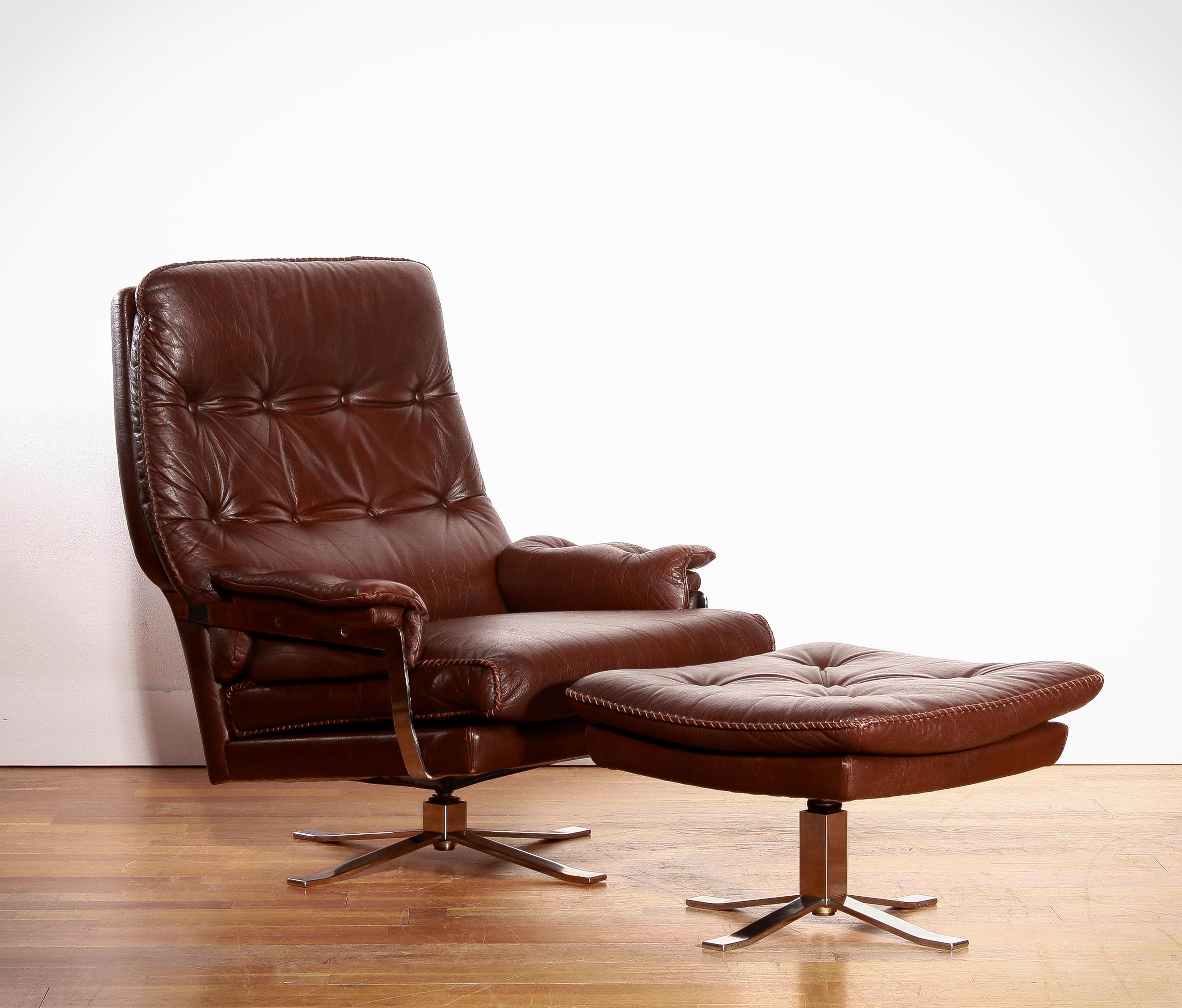 1960s, Leather and Chrome Swivel Lounge Chair and Ottoman by Arne Norell 1