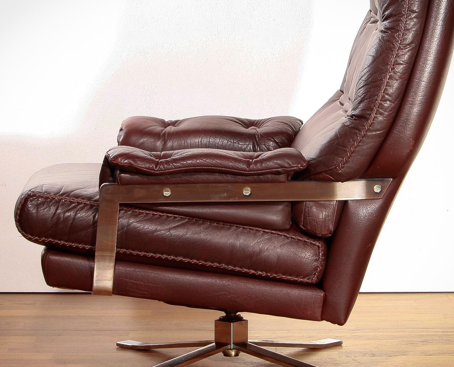 1960s, Leather and Chrome Swivel Lounge Chair and Ottoman by Arne Norell 2