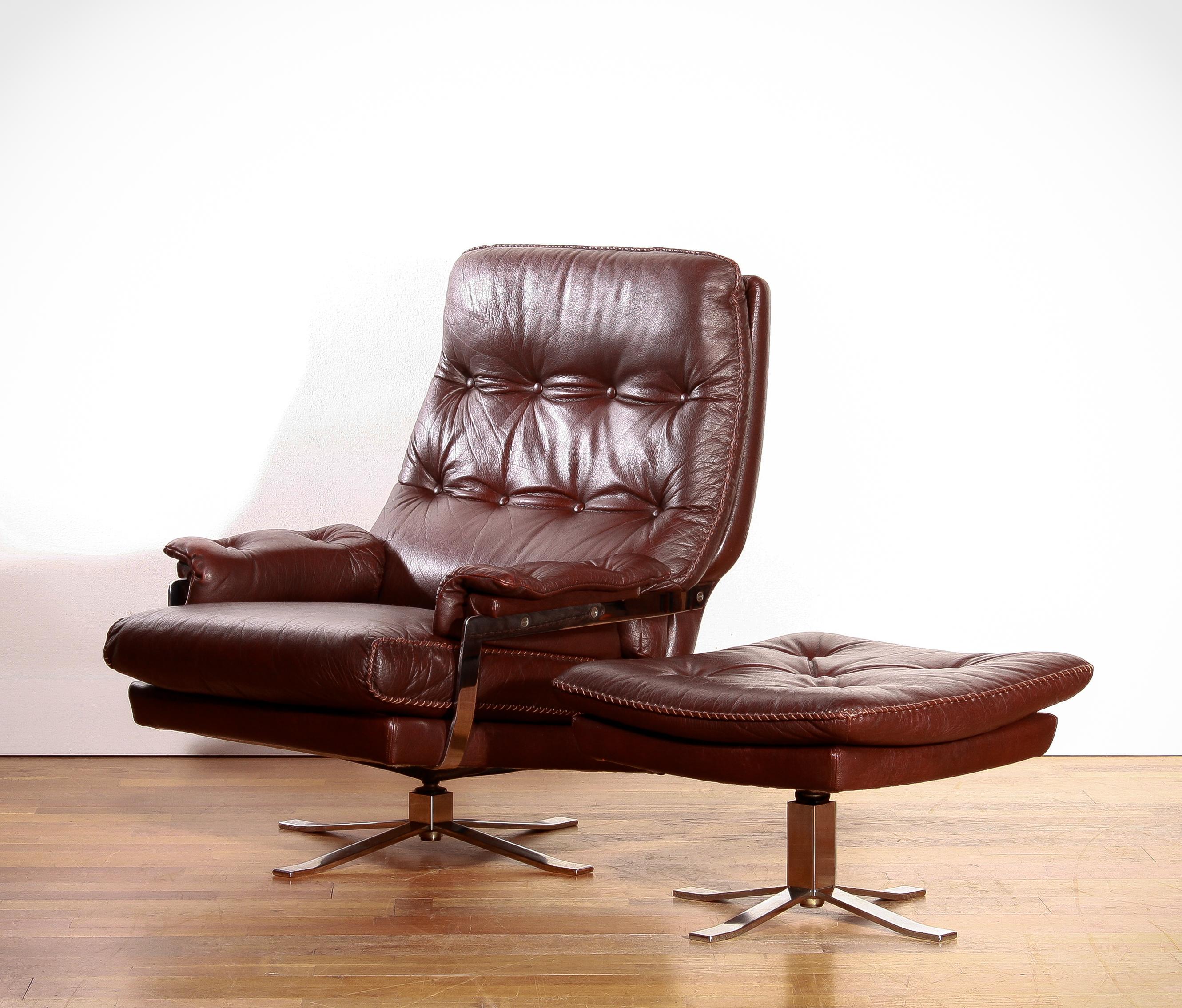 1960s, Leather and Chrome Swivel Lounge Chair and Ottoman by Arne Norell 3