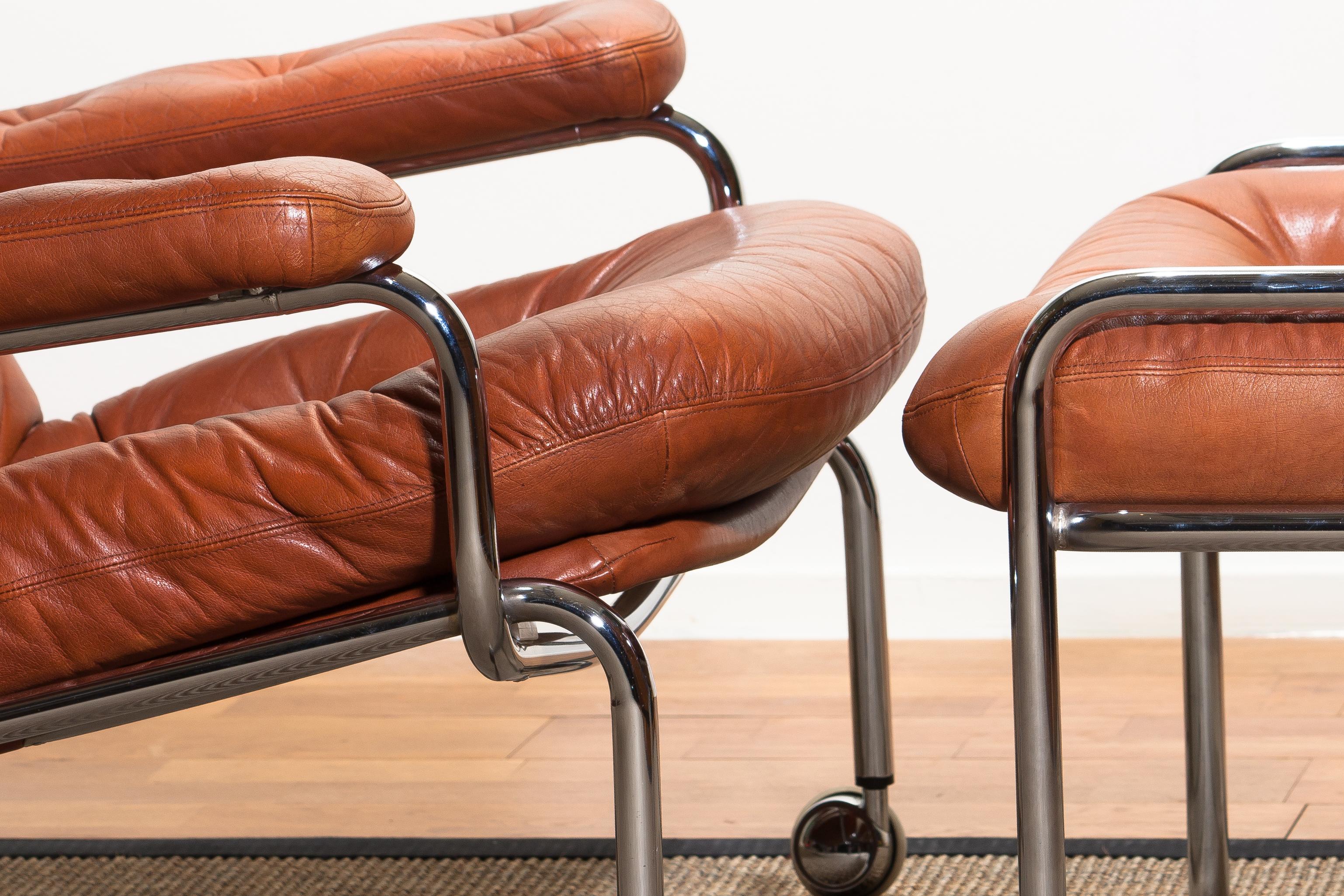 1960s, Leather and Chrome Tubular Lounge Chair and Ottoman by Göte Möbel 4