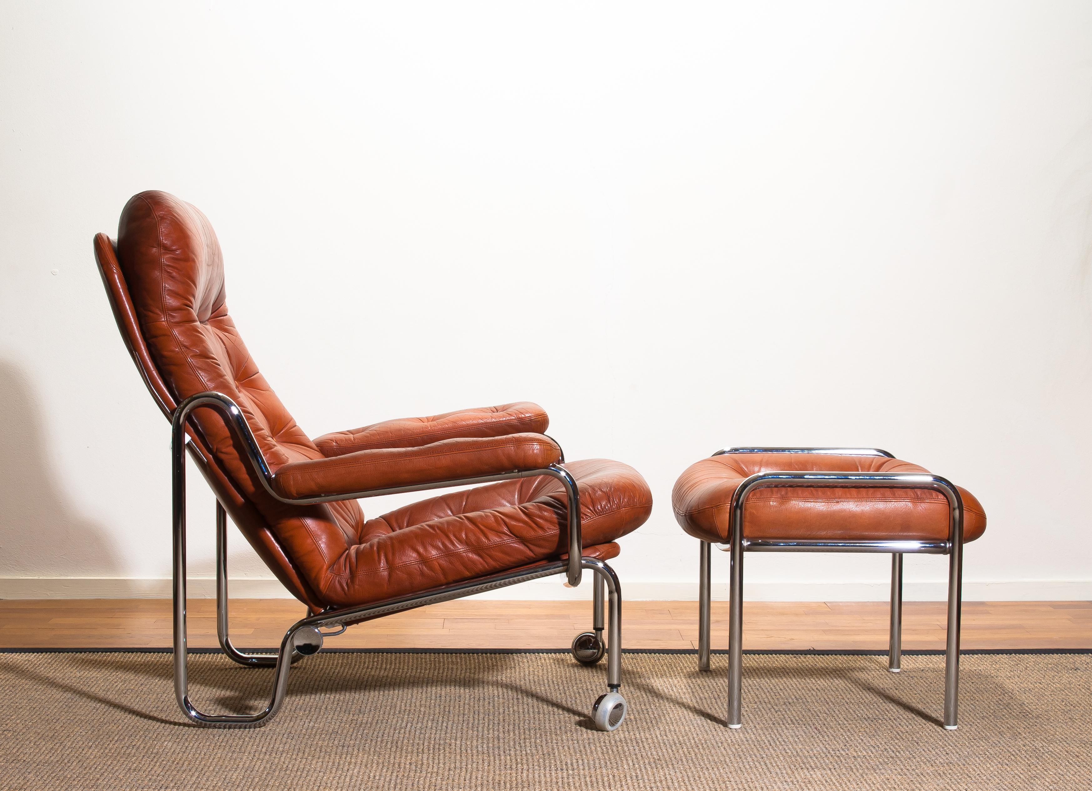 1960s, Leather and Chrome Tubular Lounge Chair and Ottoman by Göte Möbel In Good Condition In Silvolde, Gelderland