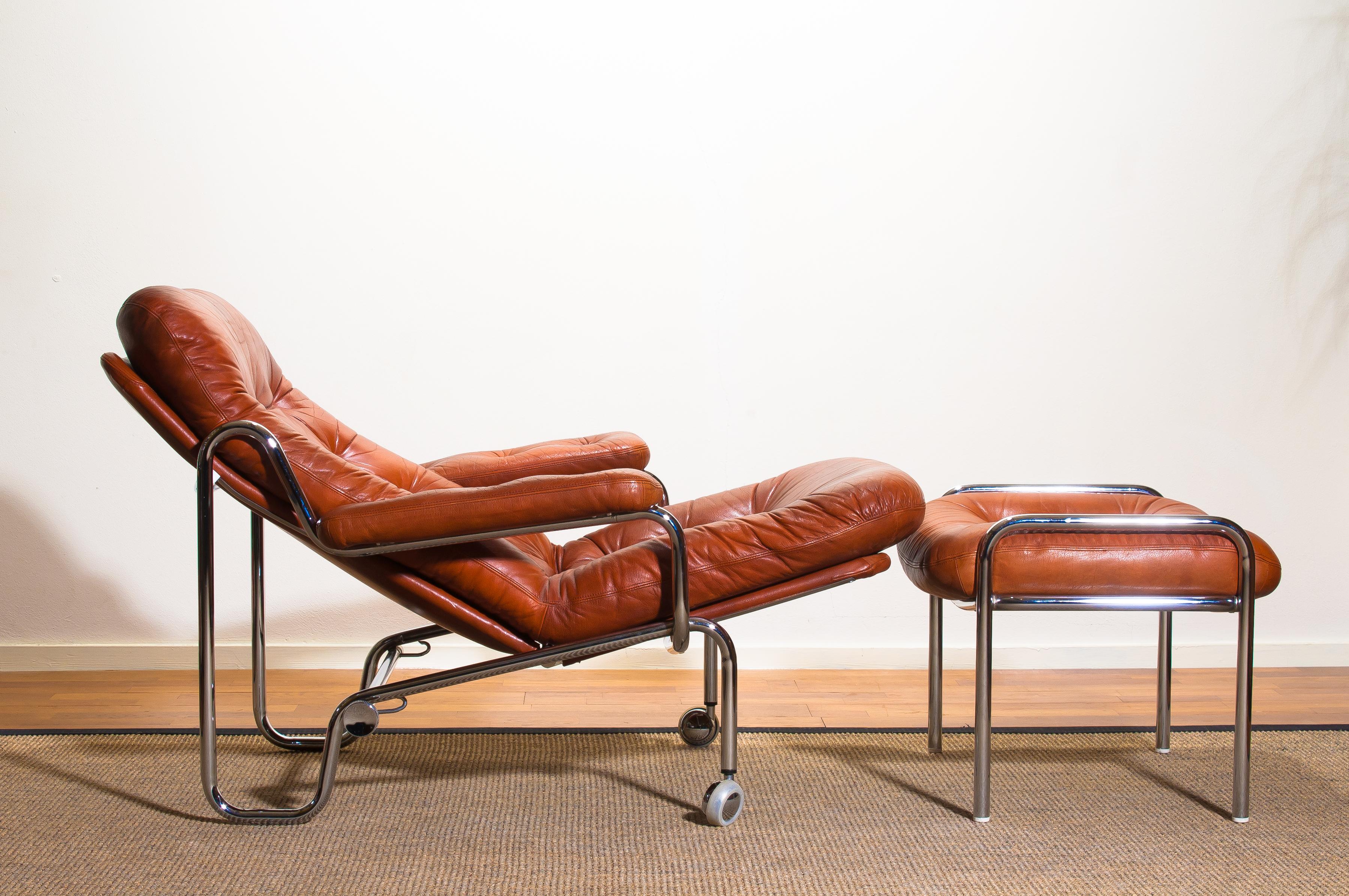 1960s, Leather and Chrome Tubular Lounge Chair and Ottoman by Göte Möbel 1