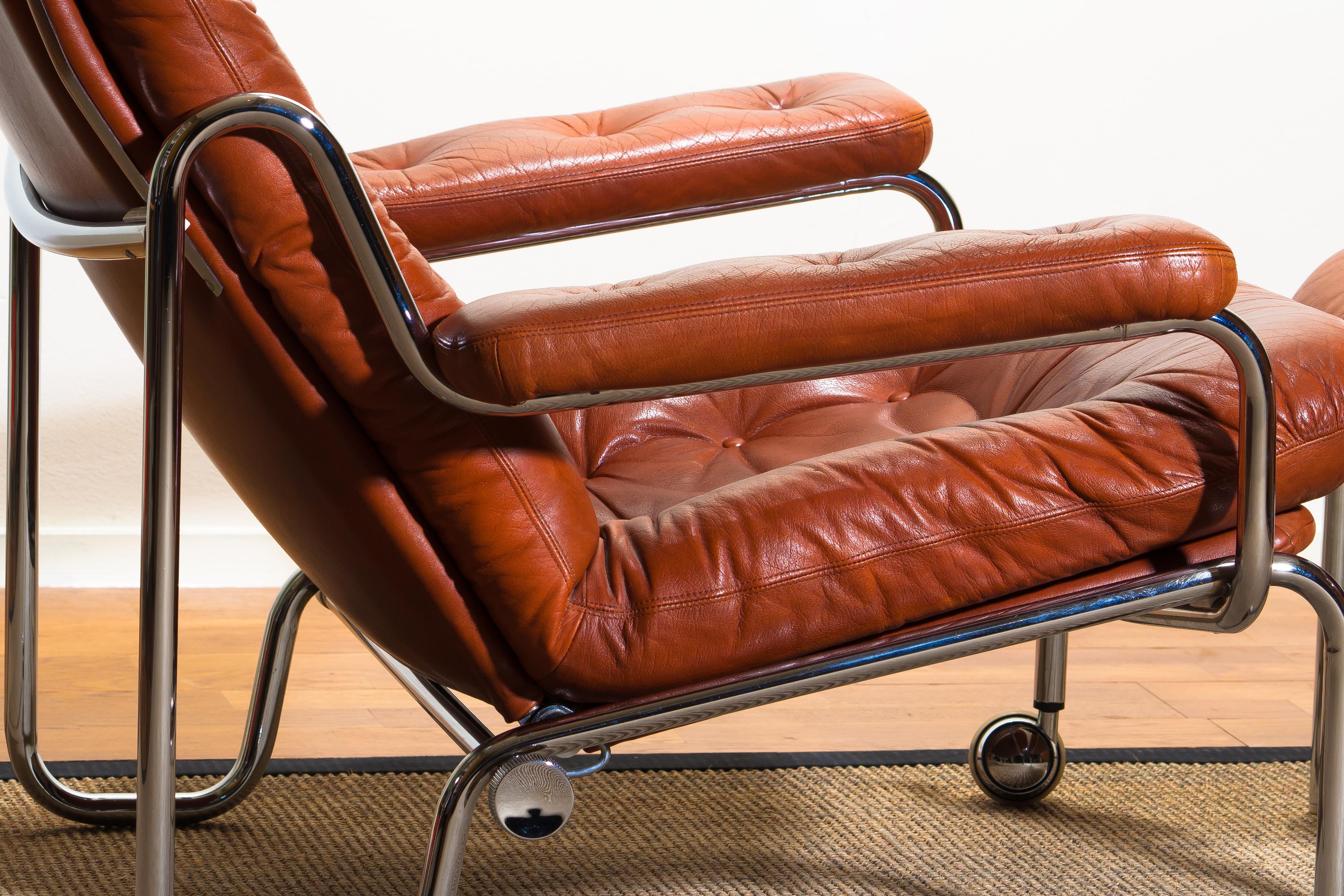 1960s, Leather and Chrome Tubular Lounge Chair and Ottoman by Göte Möbel 3