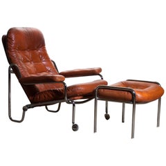 1960s, Leather and Chrome Tubular Lounge Chair and Ottoman by Göte Möbel