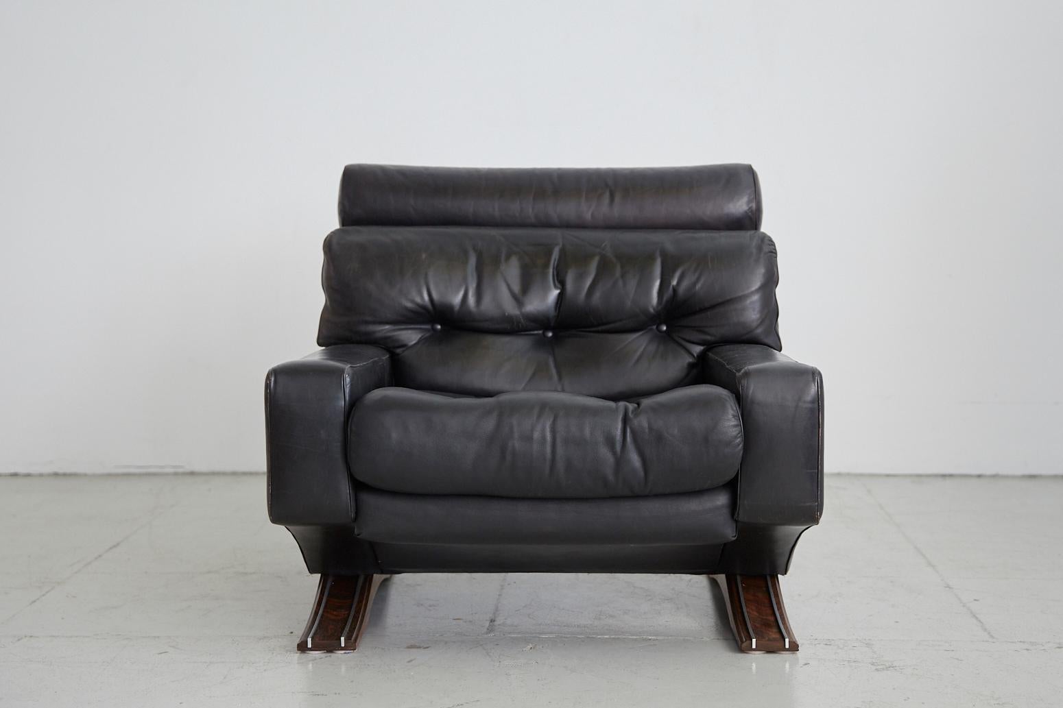 Mid-20th Century 1960s Leather Armchair with Rosewood