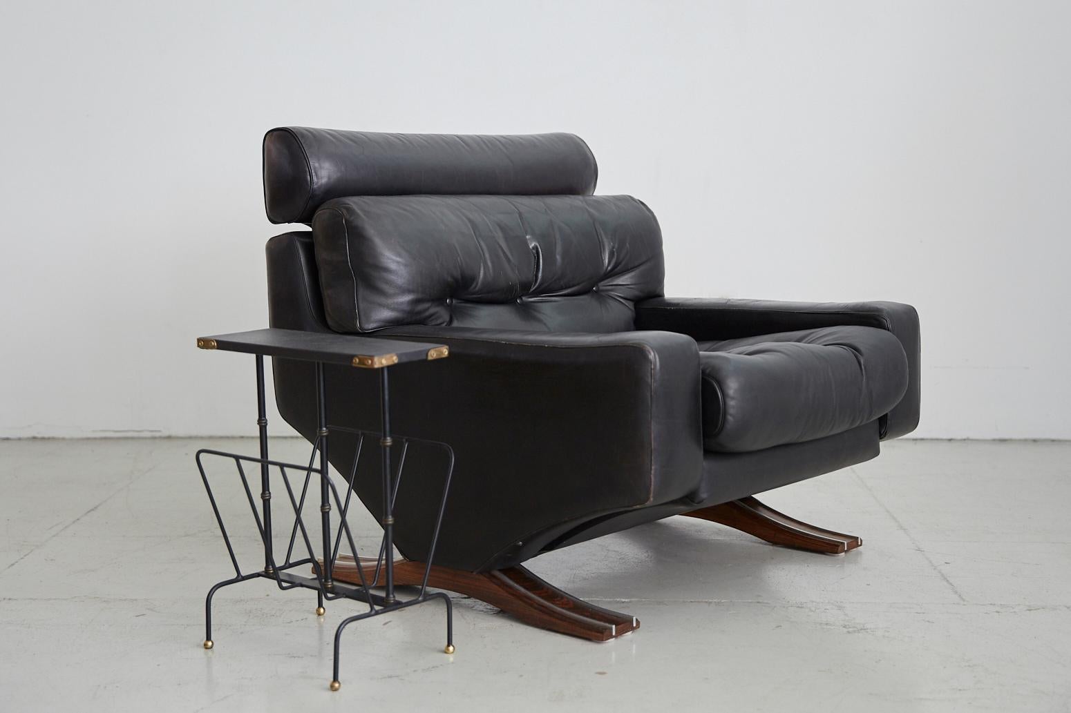 Aluminum 1960s Leather Armchair with Rosewood