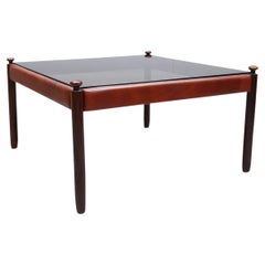 1960s Leather, Glass and Rosewood Coffee Table