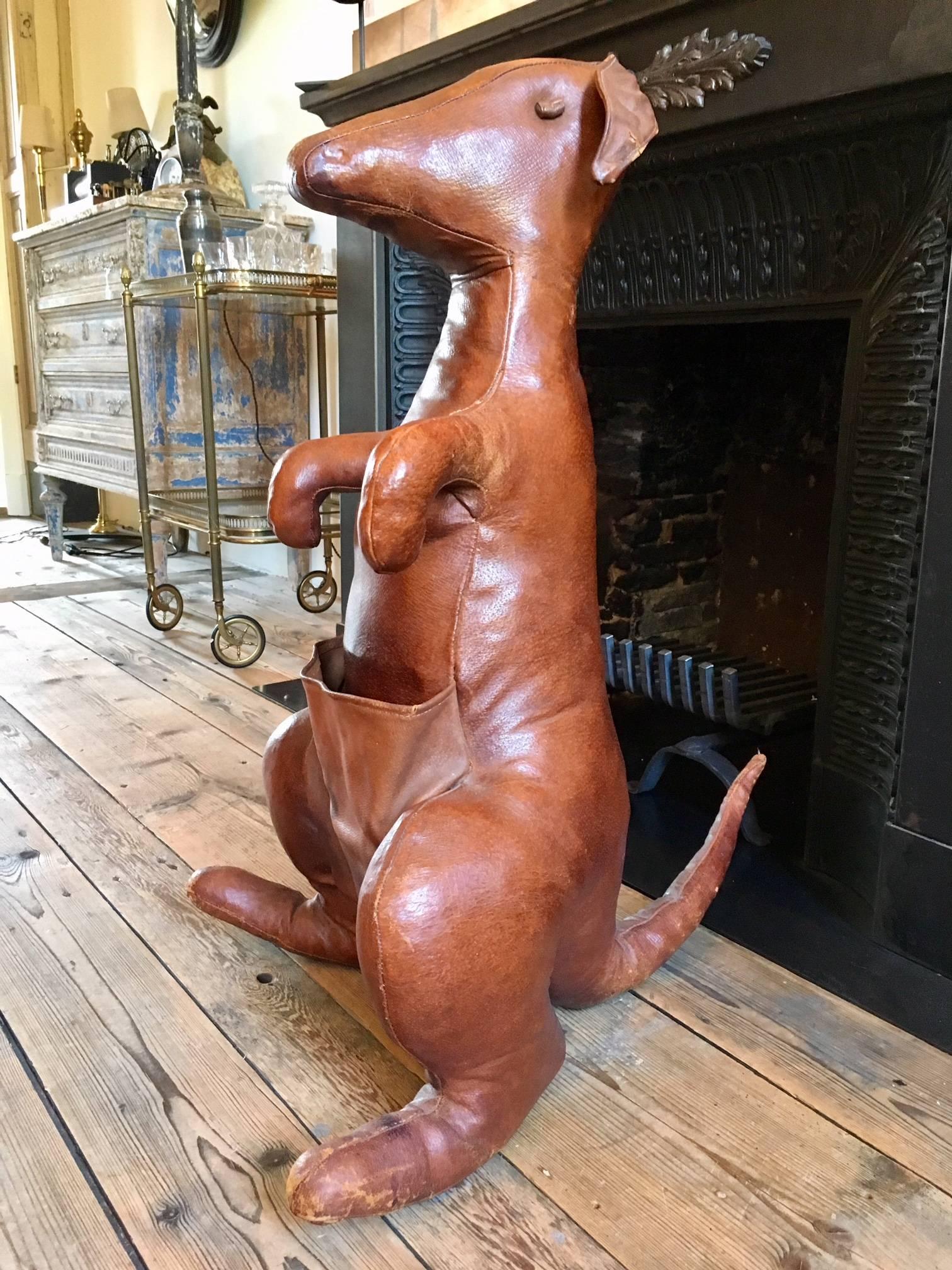 Beautiful and rare vintage kangaroo made in the 1960s by Dimitri Omersa for Abercrombie & Fitch. The kangaroo is made from thick leather, filled with hay and wire. The kangaroo is still very sturdy and the filling is in a good condition. The leather