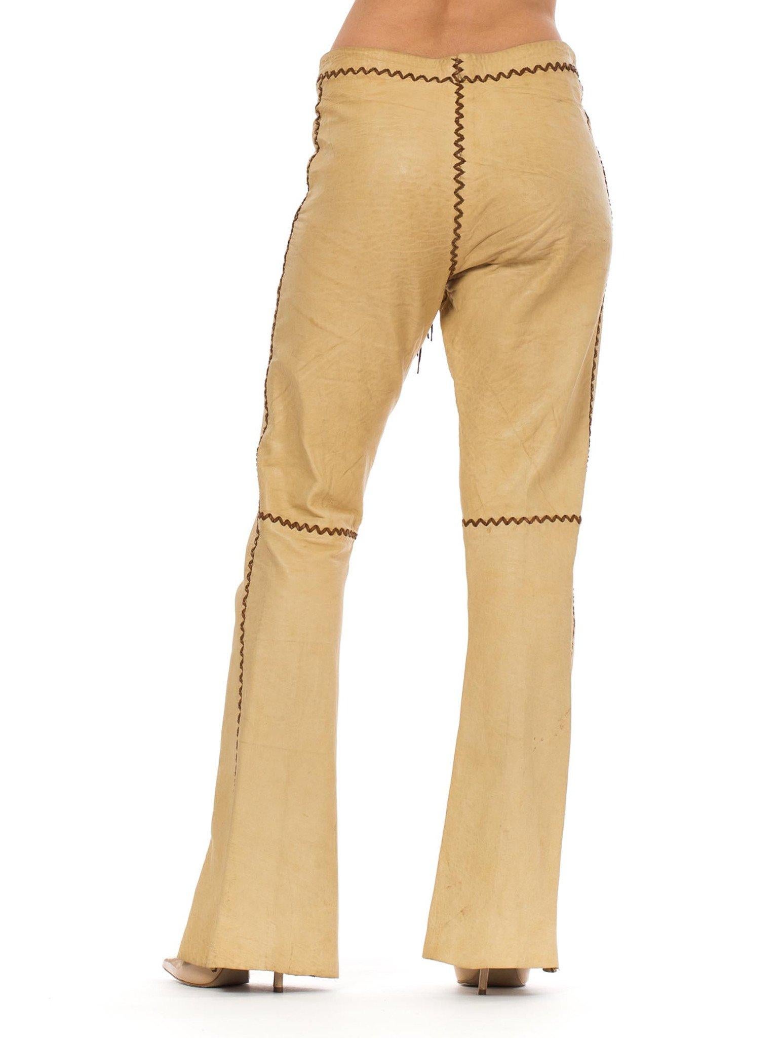 Beige 1960S Tan Leather Western Whipstitch Pants