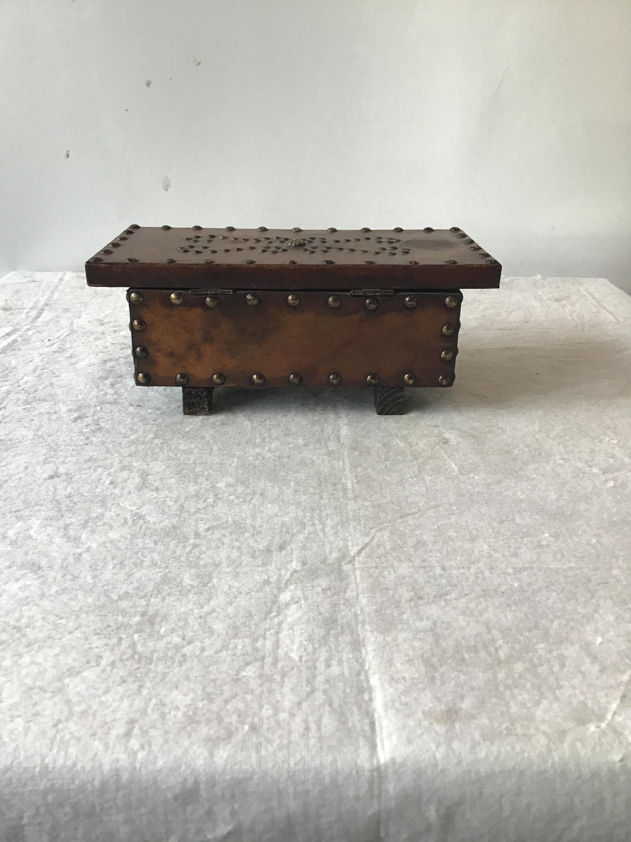 Mid-20th Century 1960s Leather Studded Wood Box For Sale