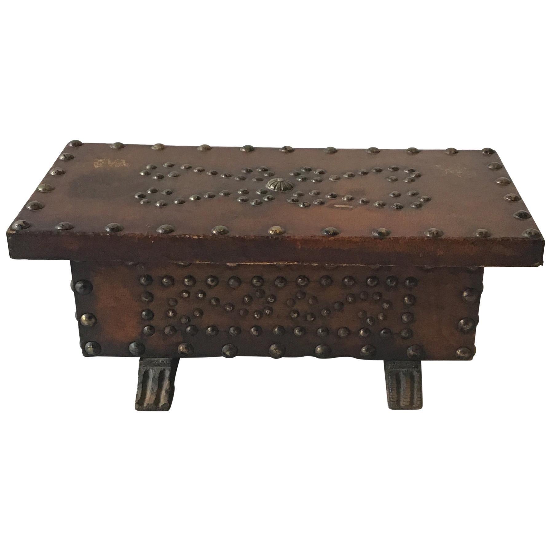 1960s Leather Studded Wood Box For Sale