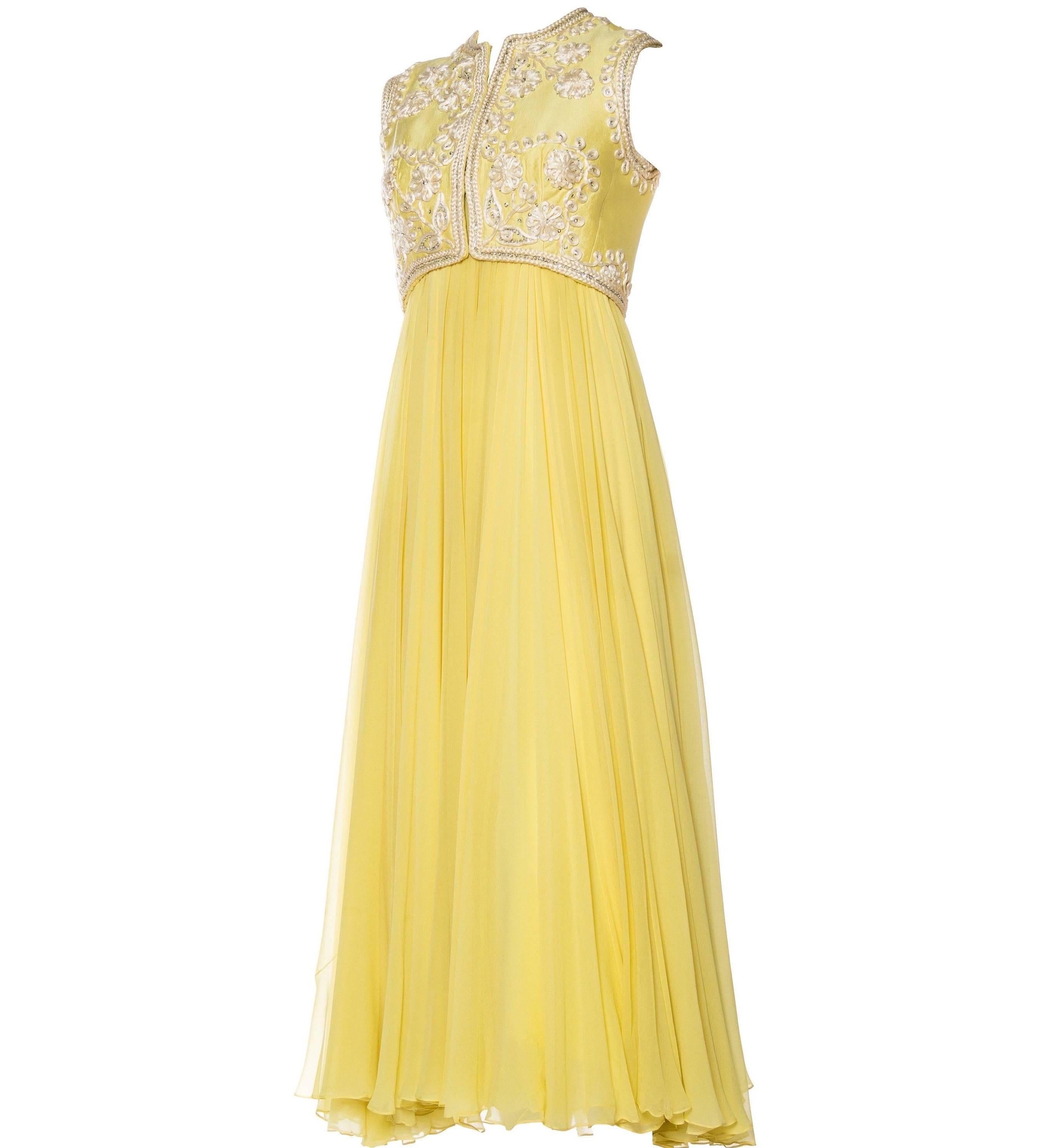 1960S Lemmon Yellow Beaded Silk Chiffon Empire Waist Gown With Matching Cropped Vest