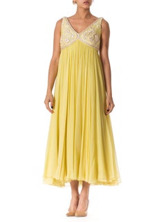 1960S Lemmon Yellow Beaded Silk Chiffon Empire Waist Gown With Matching Cropped