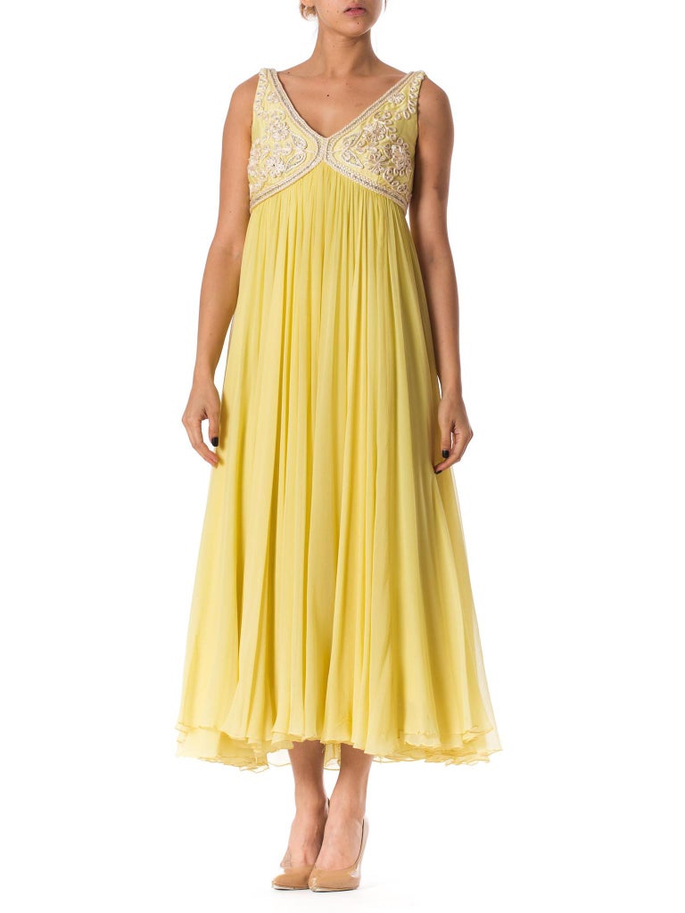 1960S Lemmon Yellow Beaded Silk Chiffon Empire Waist Gown With Matching  Cropped For Sale at 1stDibs