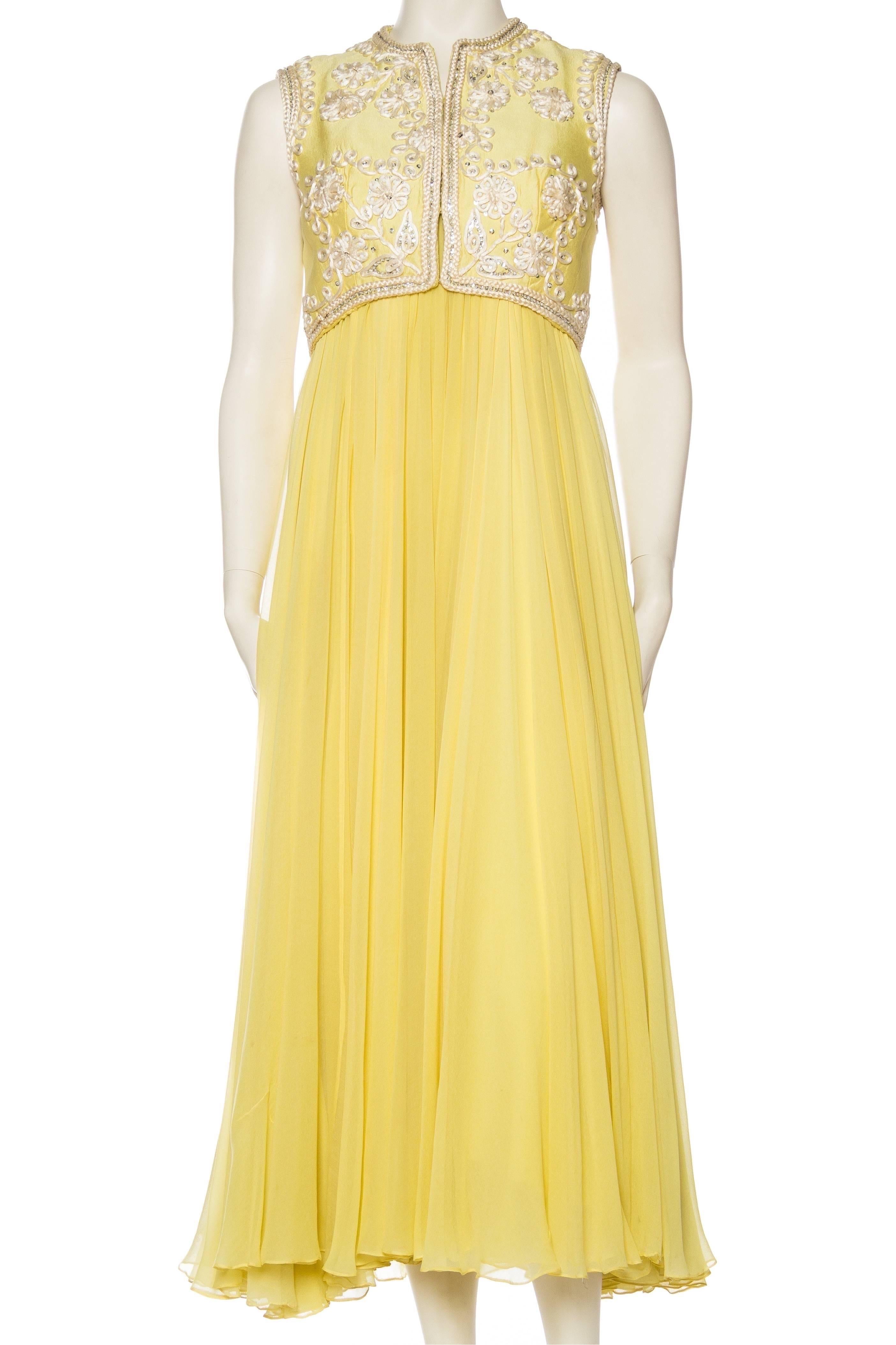 Orange 1960S Lemmon Yellow Beaded Silk Chiffon Empire Waist Gown With Matching Cropped