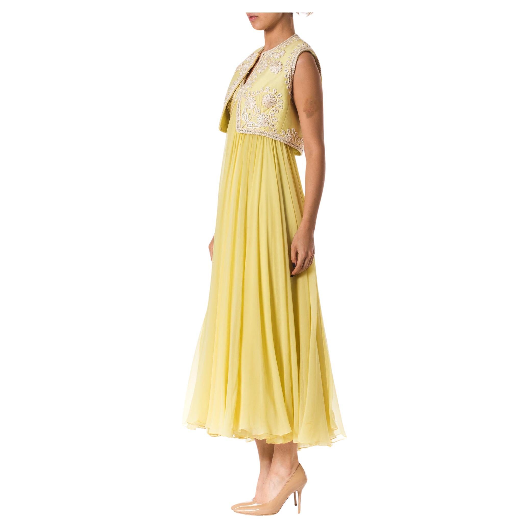 1960S Lemmon Yellow Beaded Silk Chiffon Empire Waist Gown With Matching Cropped In Good Condition For Sale In New York, NY