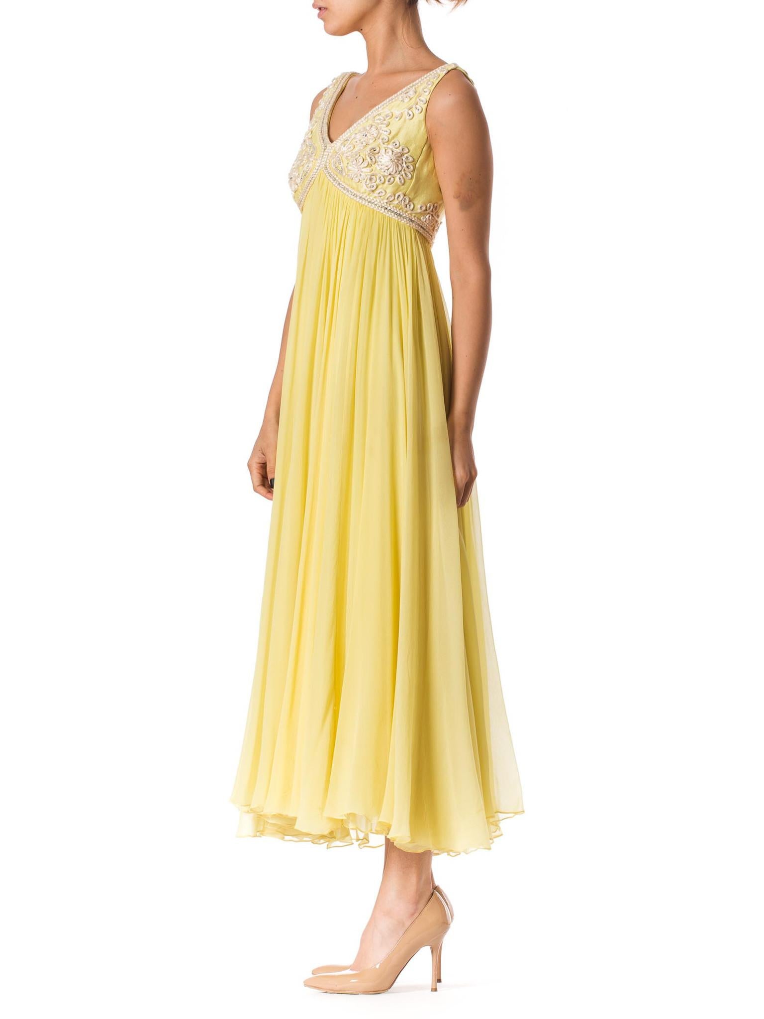 Women's 1960S Lemmon Yellow Beaded Silk Chiffon Empire Waist Gown With Matching Cropped For Sale