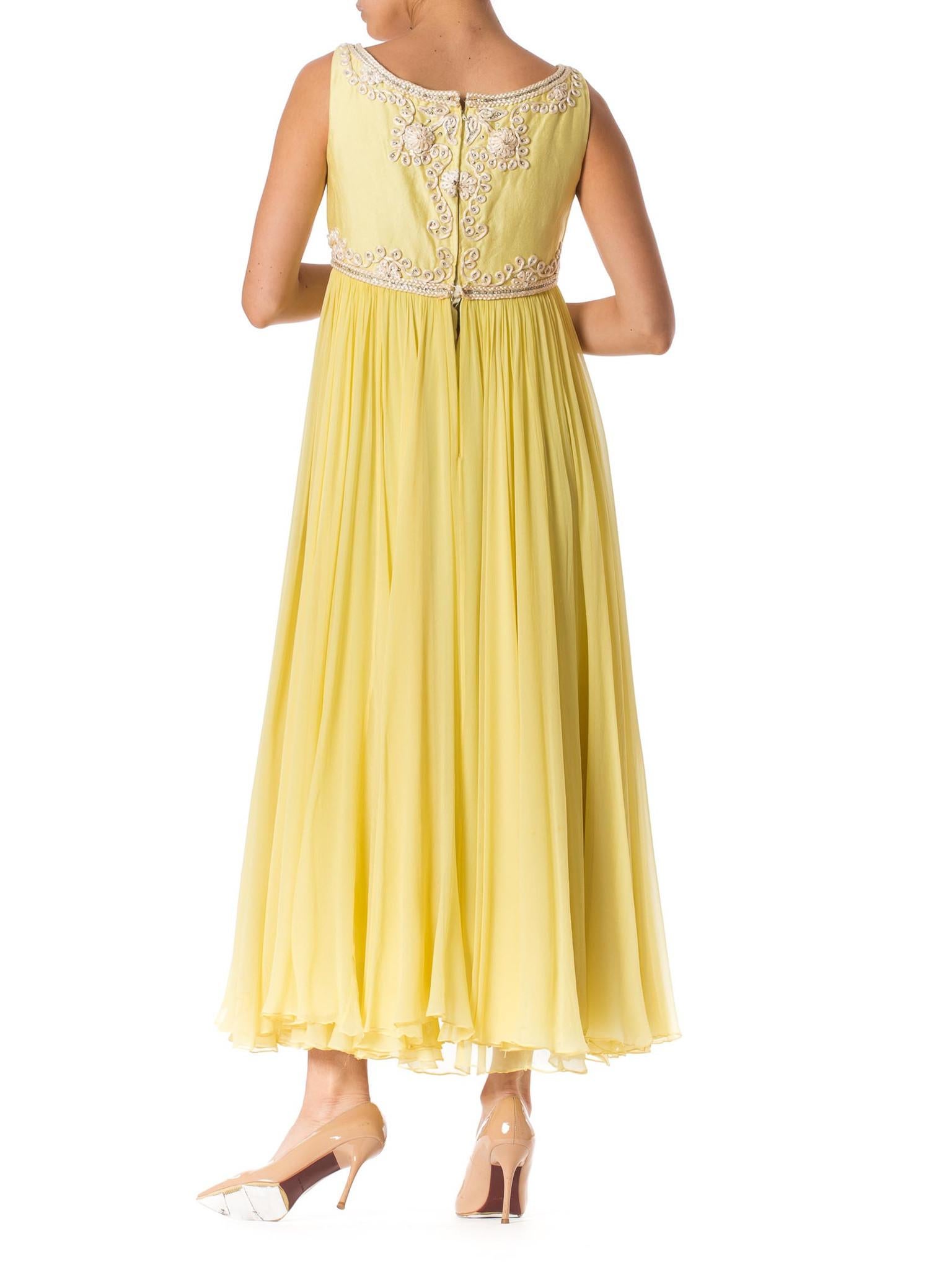 1960S Lemmon Yellow Beaded Silk Chiffon Empire Waist Gown With Matching Cropped For Sale 1
