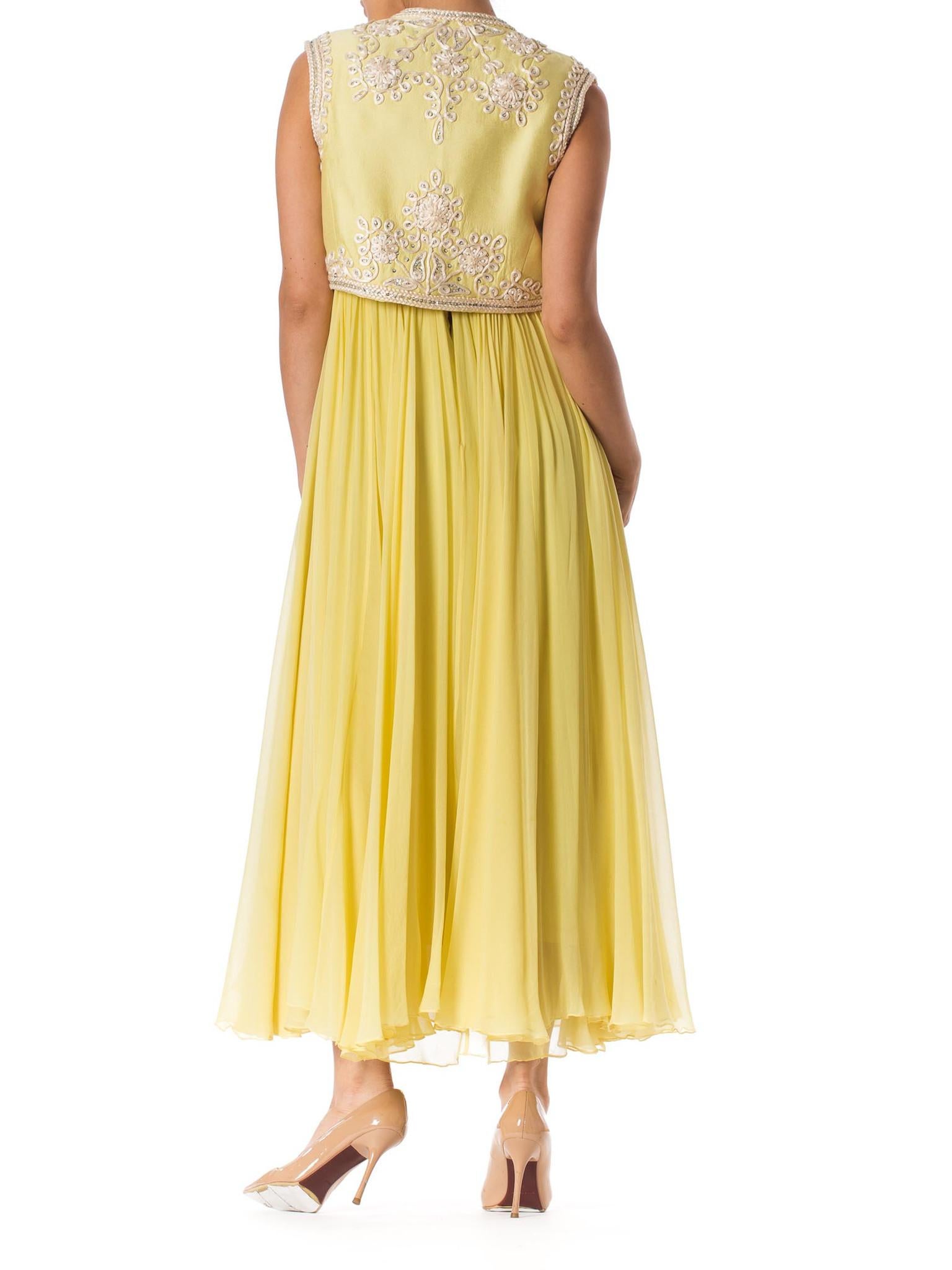 1960S Lemmon Yellow Beaded Silk Chiffon Empire Waist Gown With Matching Cropped For Sale 2