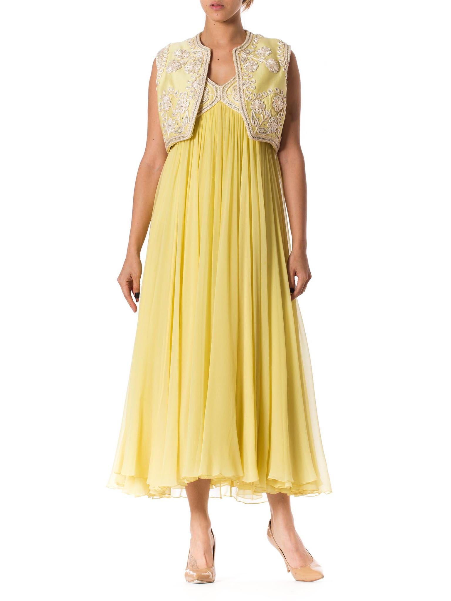 1960S Lemmon Yellow Beaded Silk Chiffon Empire Waist Gown With Matching Cropped For Sale 3