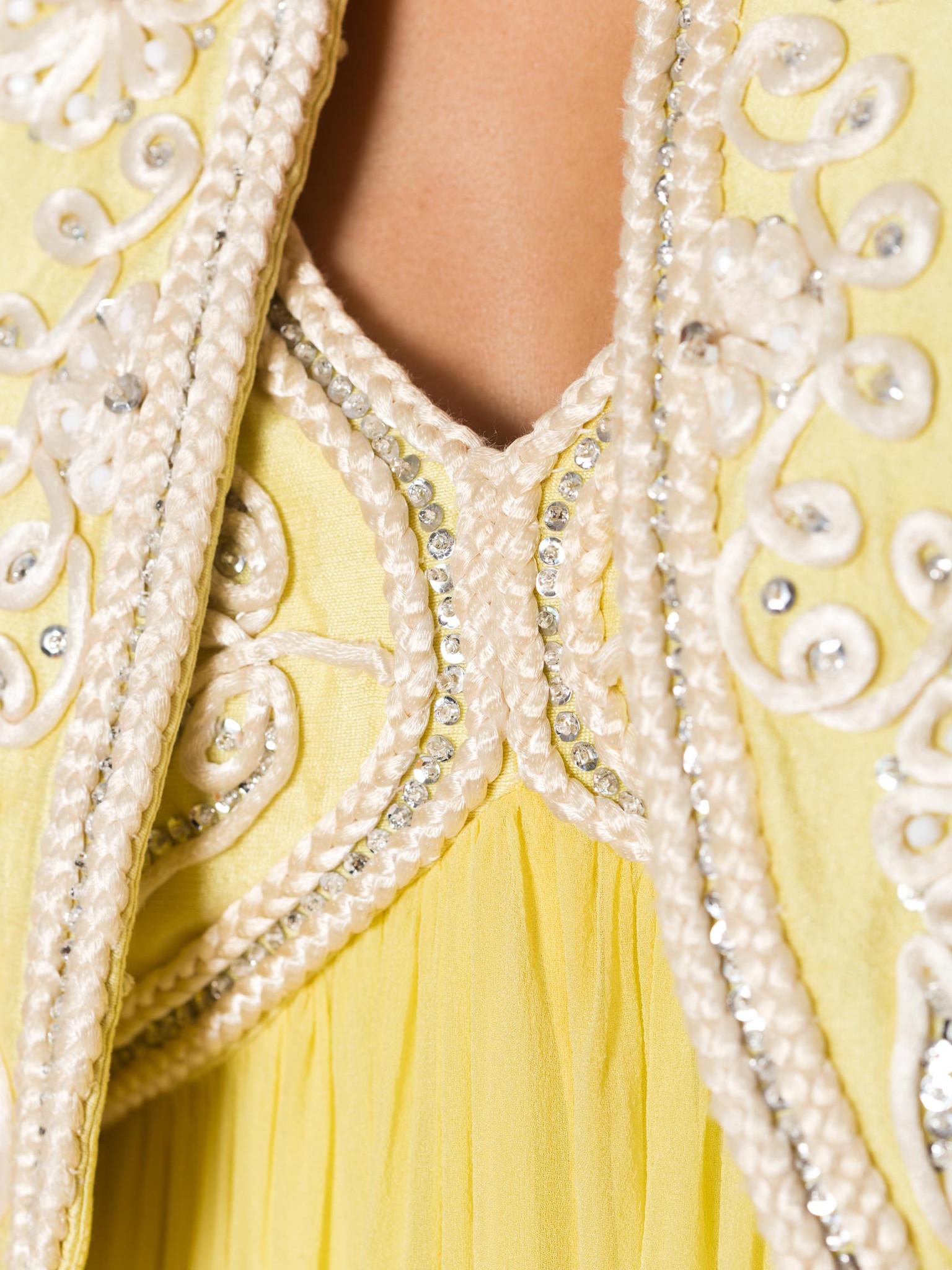 1960S Lemmon Yellow Beaded Silk Chiffon Empire Waist Gown With Matching Cropped For Sale 4