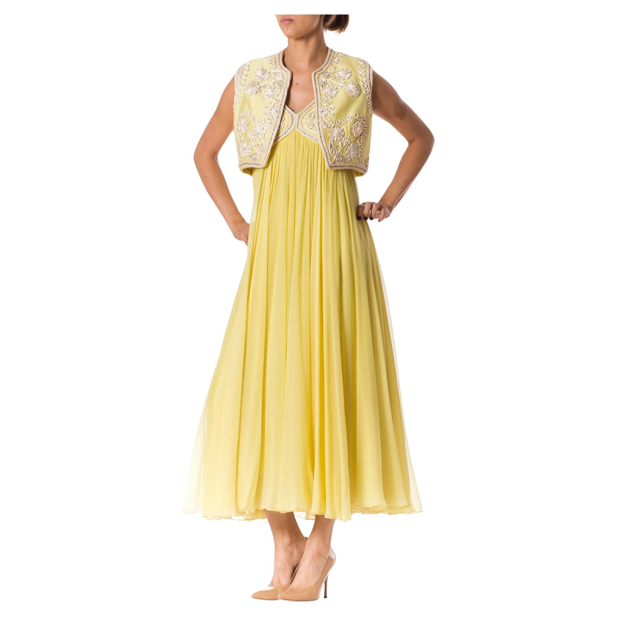 1960S Lemmon Yellow Beaded Silk Chiffon Empire Waist Gown With Matching Cropped For Sale